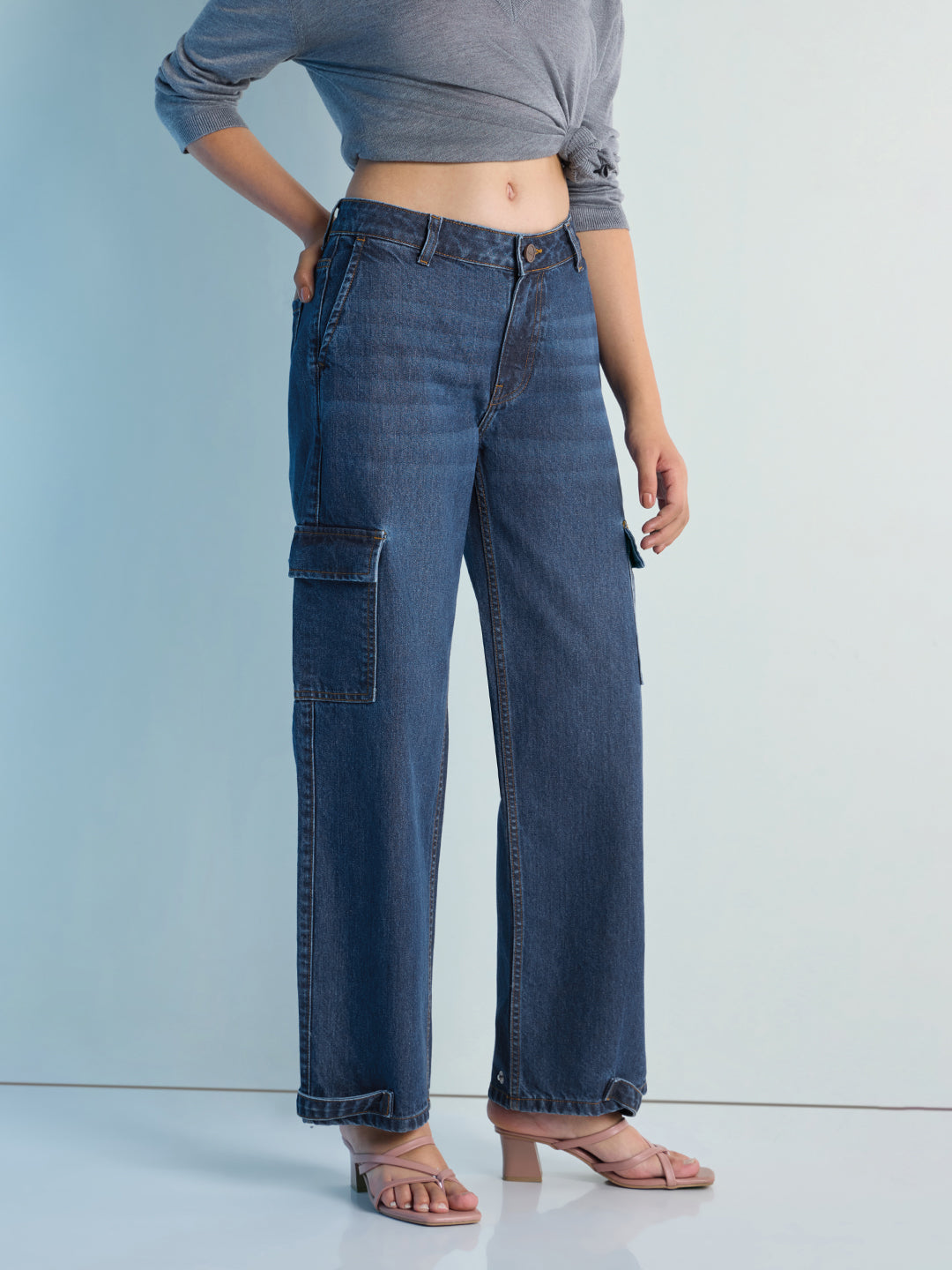 Womens Straight Fit Cargo Denim Jeans Pant
