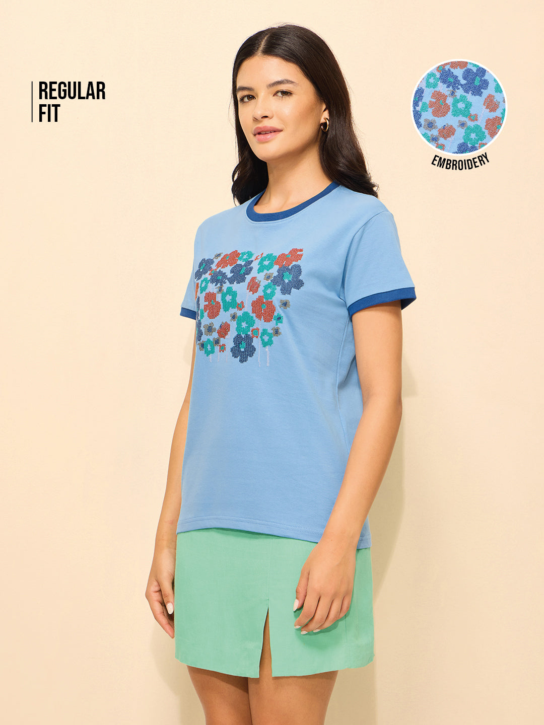Womens Embroidery Regular Fit Cotton T-Shirt