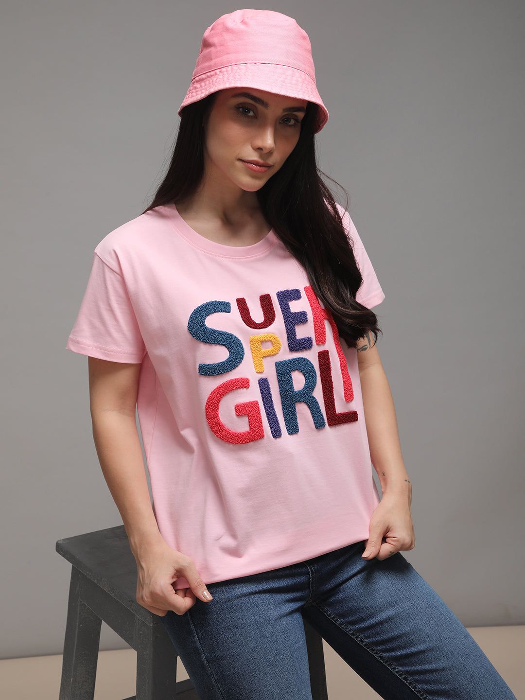 Womens Half Sleeve Round Neck Embroidery Boxy Fit Tshirts