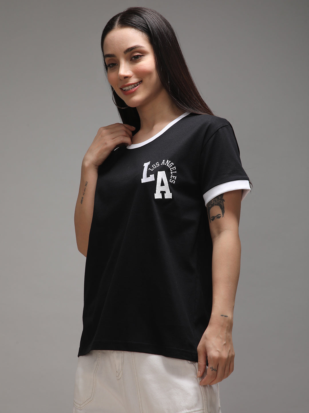Womens Half Sleeve Round Neck Embroidery Boxy Fit Tshirts
