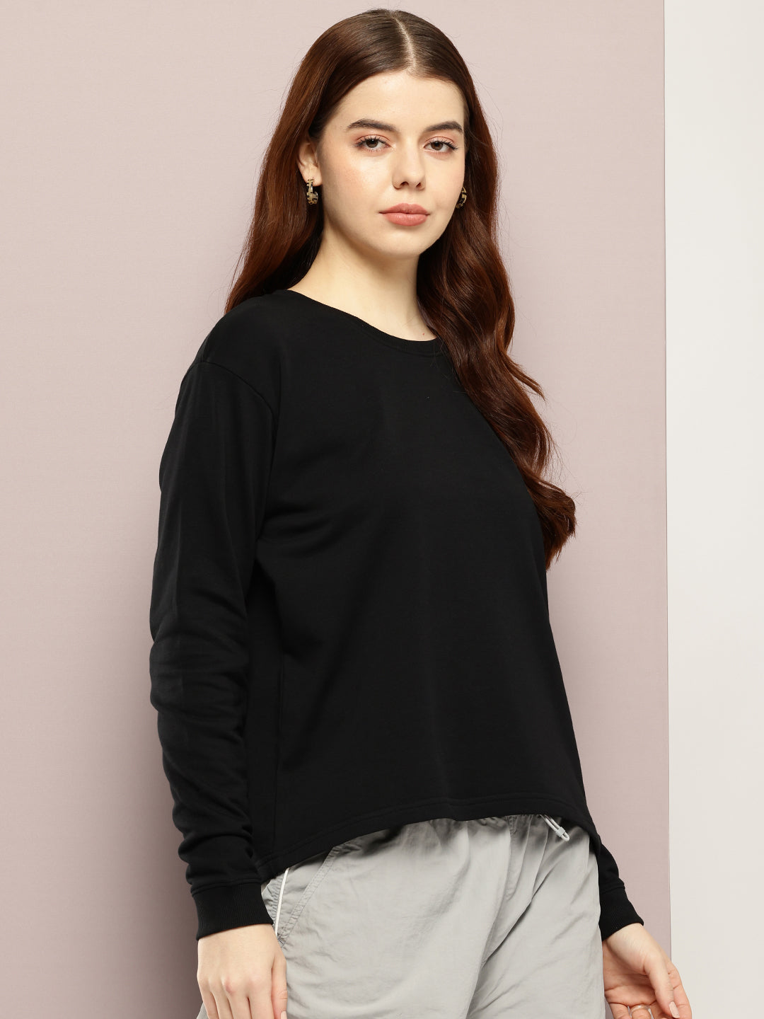 Womens Full Sleeve Round Neck Solid Boxy Fit Tshirts