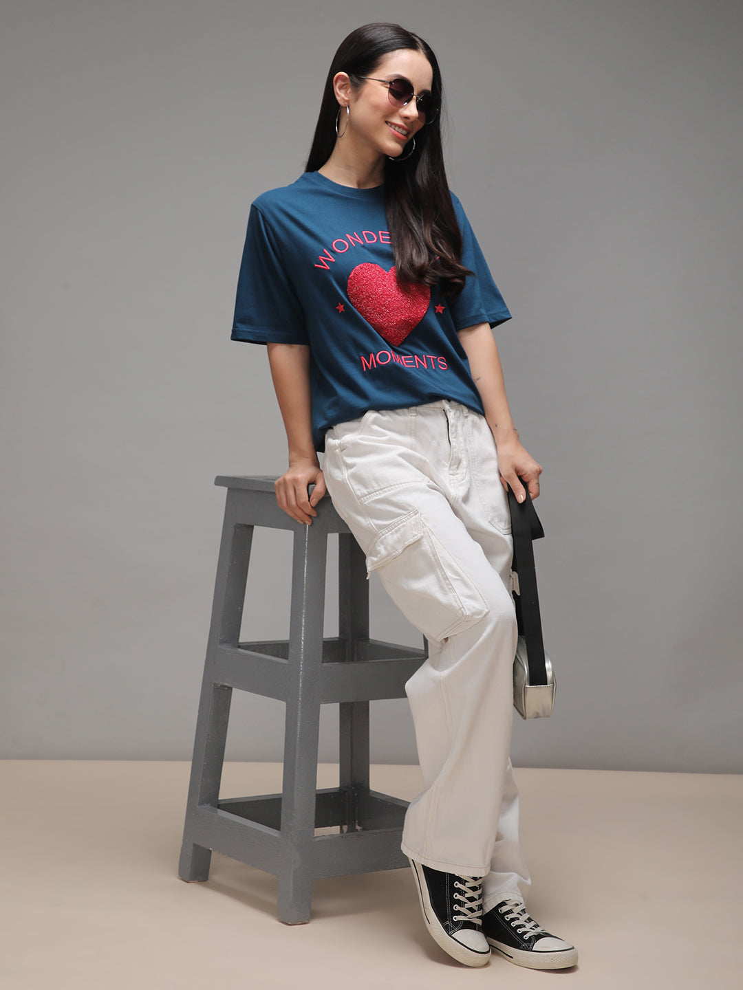Womens Half Sleeve Round Neck Embroidery Oversized Fit Tshirts