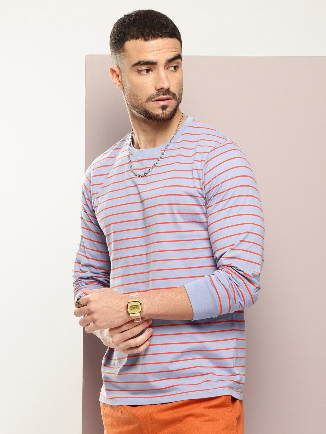 Mens Full Sleeve Round Neck Striped Regular Fit Tshirts