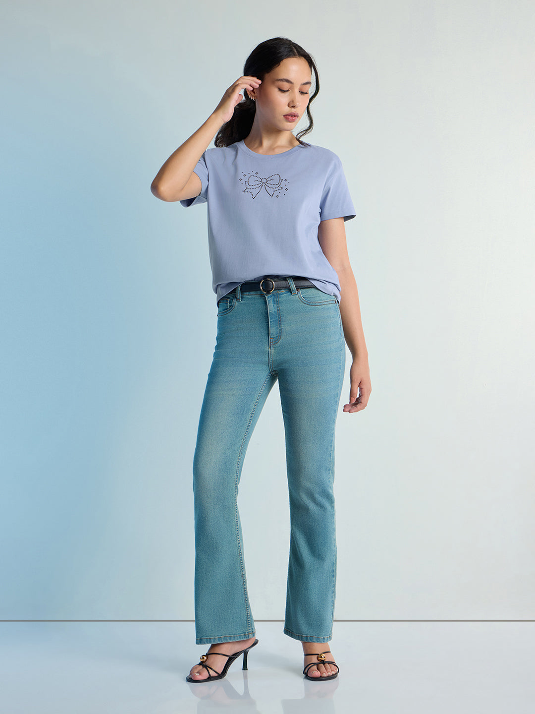 Womens Stud Detailed Boxy Regular Round Neck Tshirt 