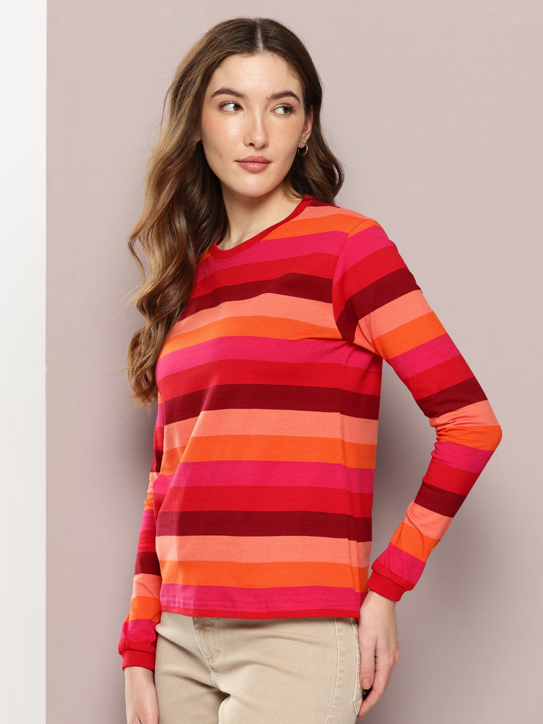 Womens Full Sleeve Round Neck Striped Regular Fit Tshirts