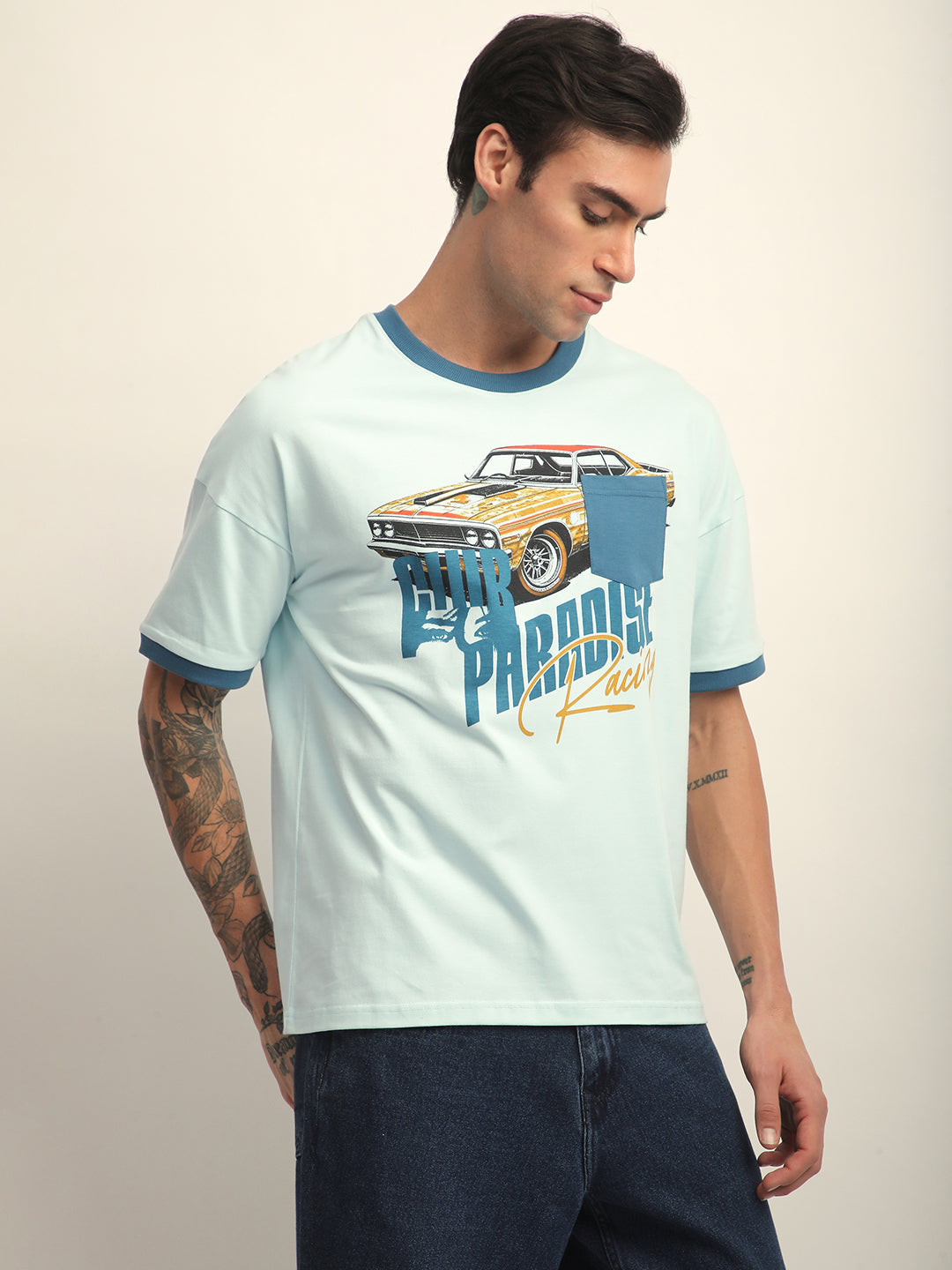 Mens Half Sleeve Drop Shoulder Printed Oversized Fit T-Shirts