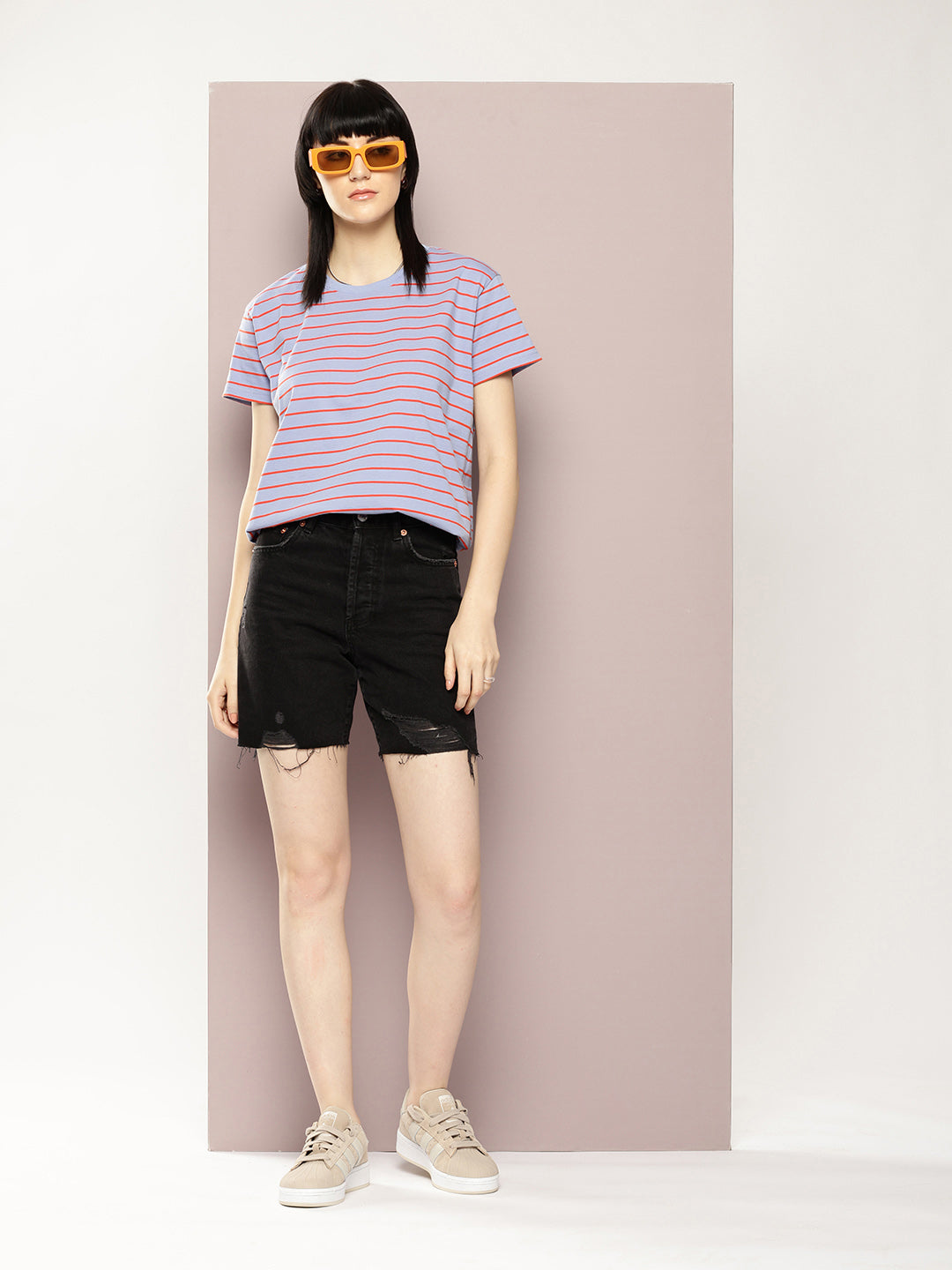Womens Half Sleeve Round Neck Striped Boxy Fit Tshirts