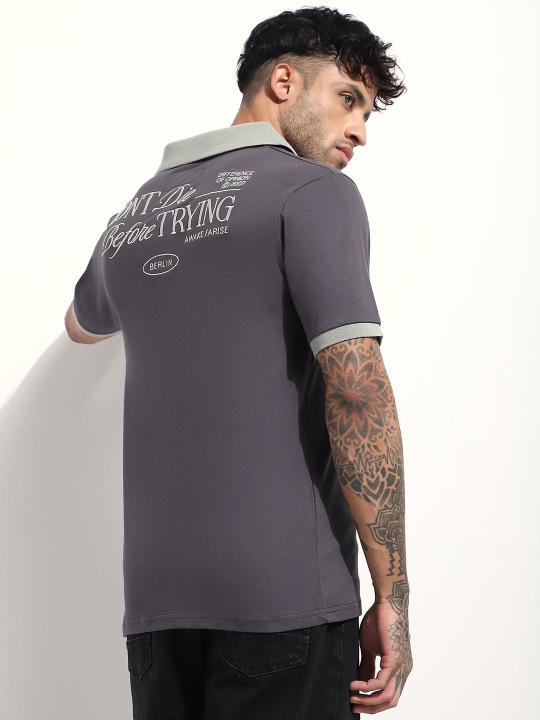 Mens Half Sleeve Polo Neck Back Embroidered Relaxed Fit Tshirts