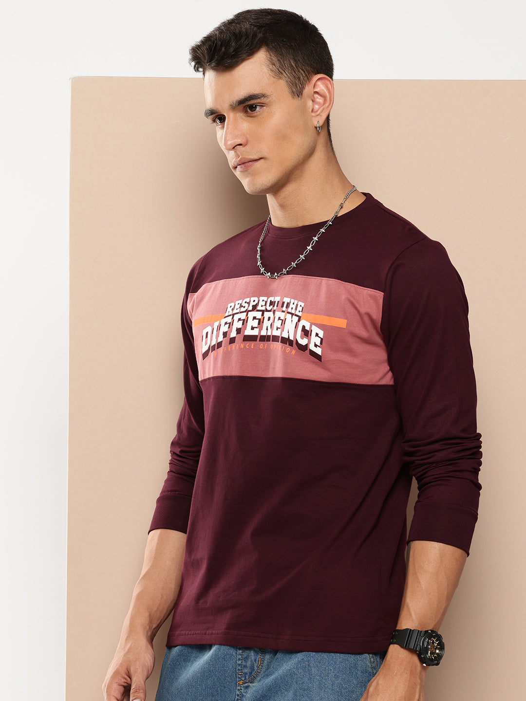 Mens Full Sleeve Round Neck Colourblocked Regular Fit Tshirts