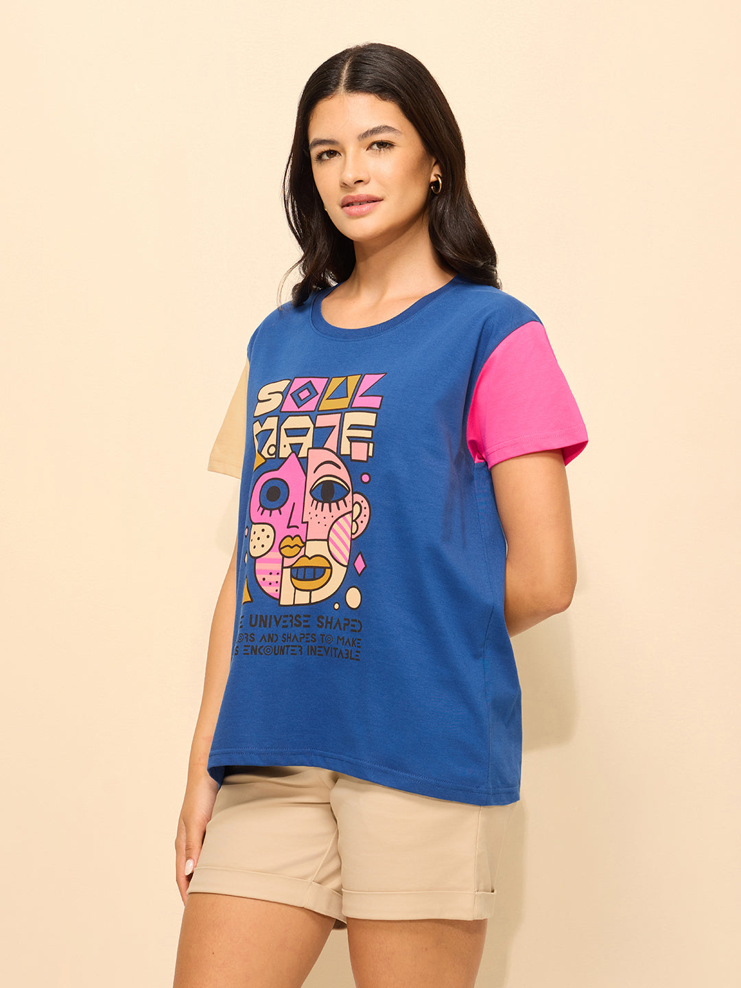 Womens Printed Boxy Regular Fit Cotton T-Shirt