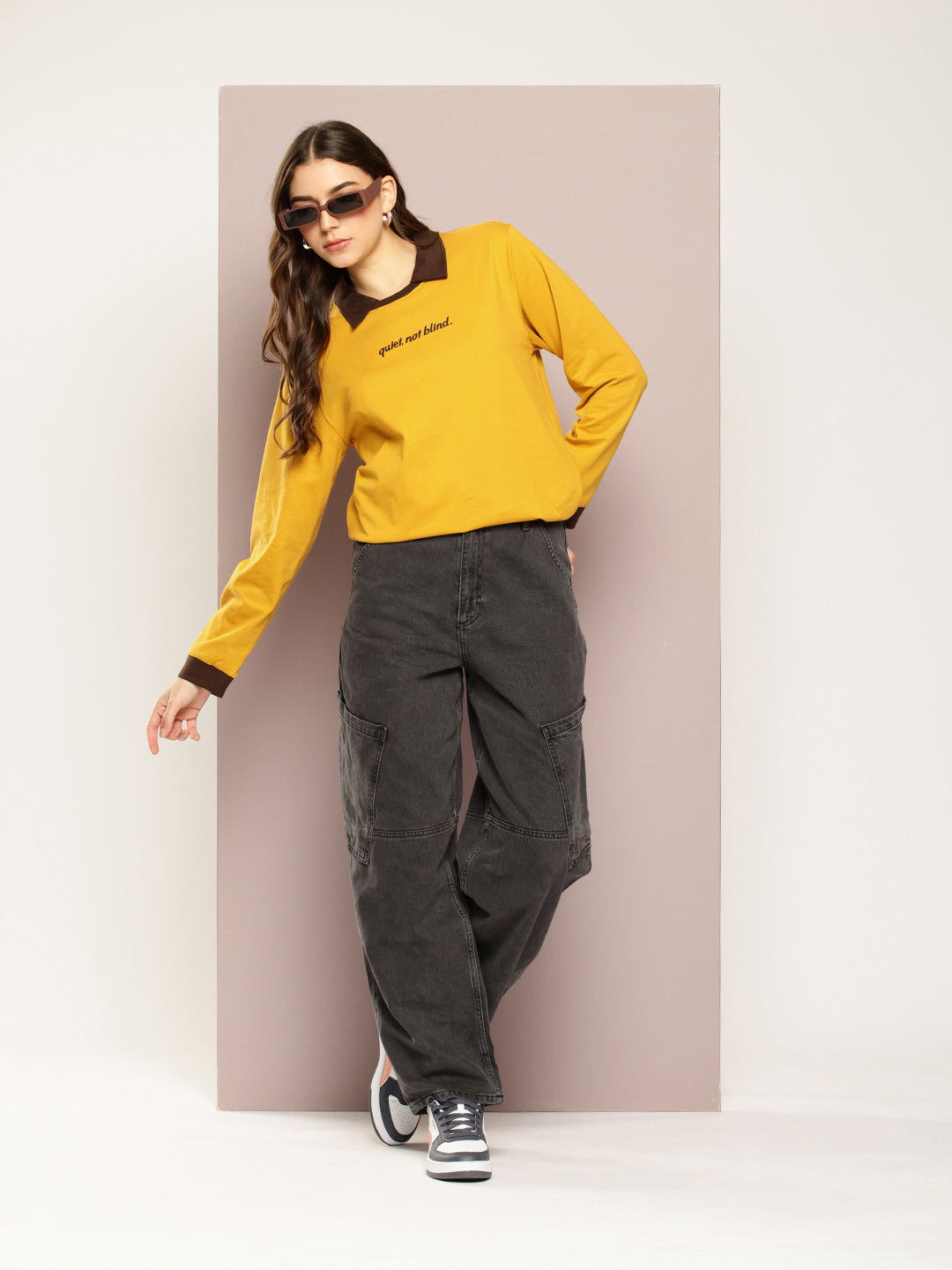 Womens Full Sleeve Polo Neck Printed Oversized Fit Tshirts