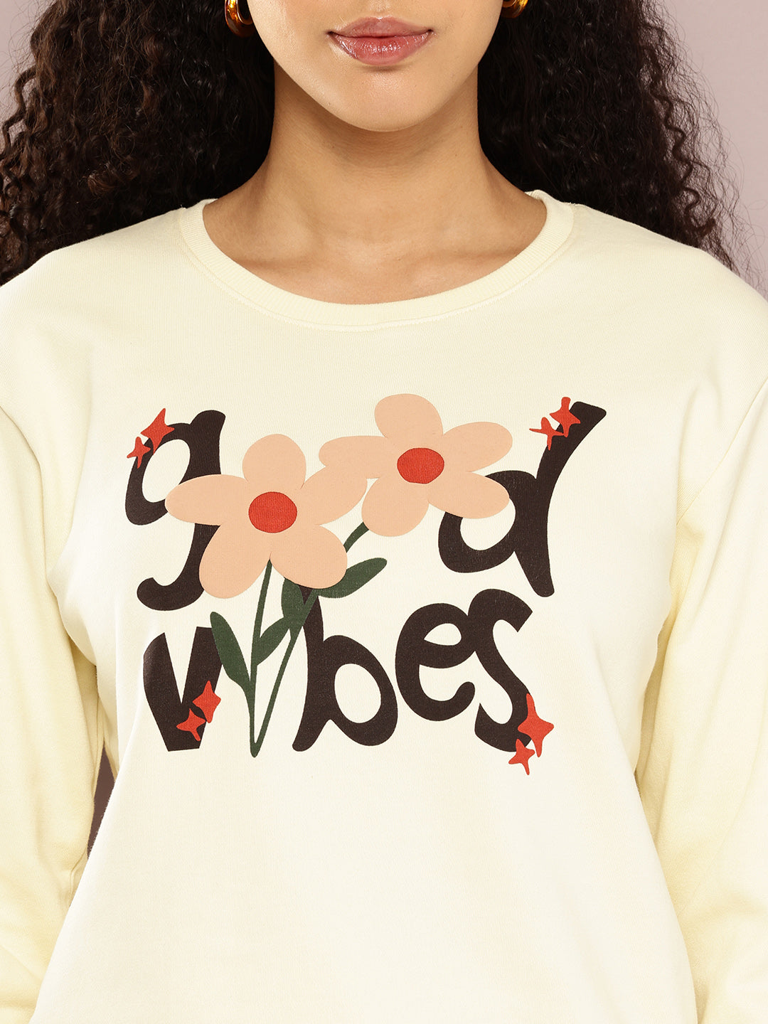 Womens Full Sleeve Round Neck Embellished Relaxed Fit Tshirts