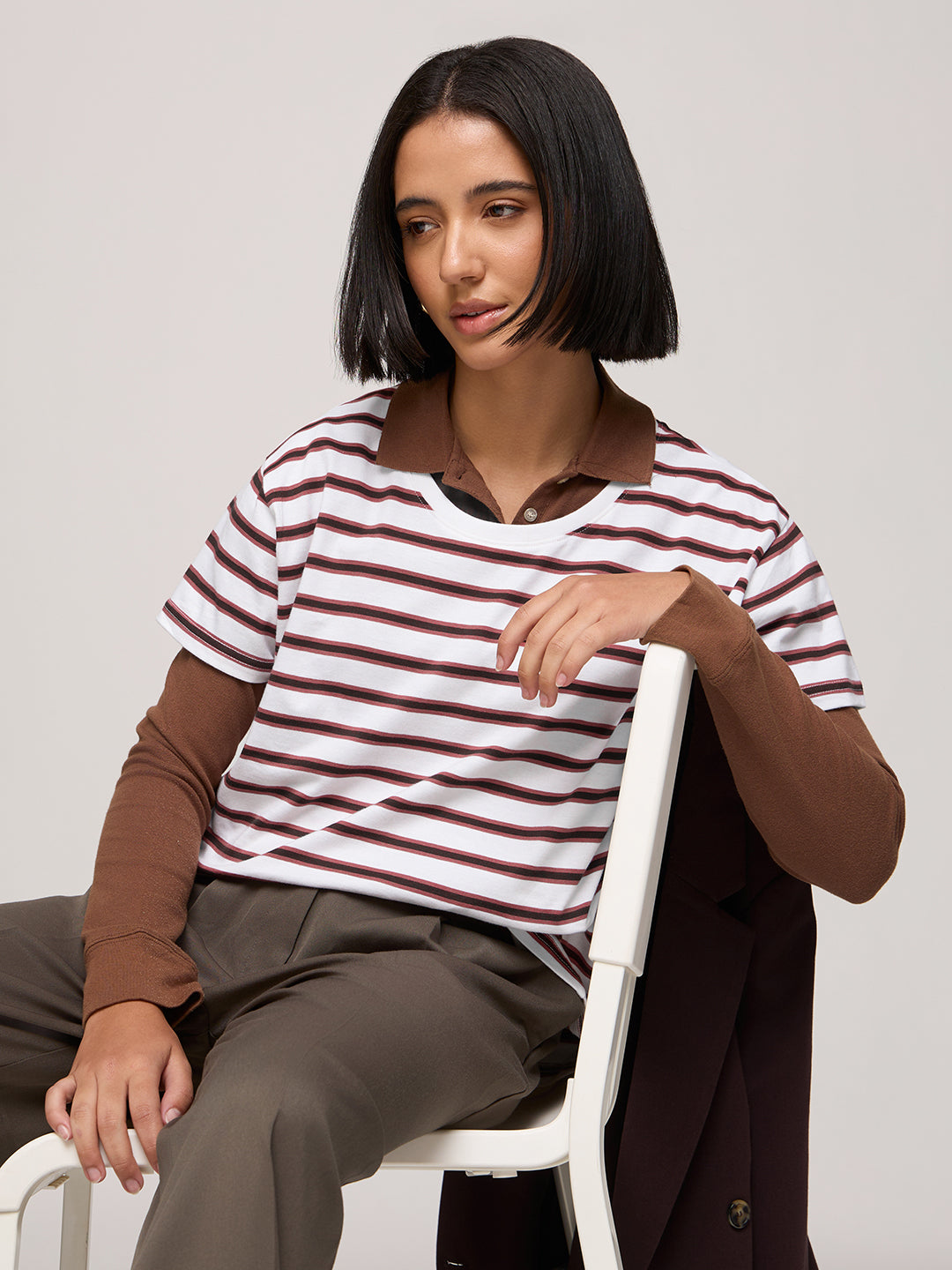 Womens Striped Boxy Regular Fit Cotton T-Shirt
