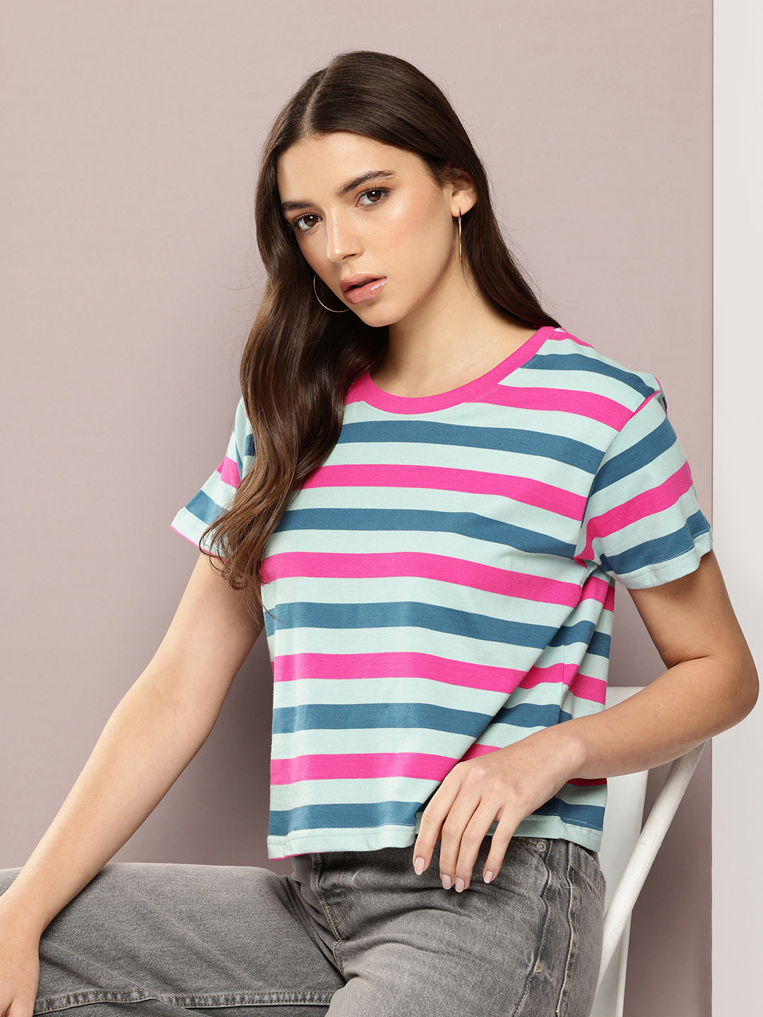 Womens Half Sleeve Round Neck All-Over Striped Boxy Fit Tshirts