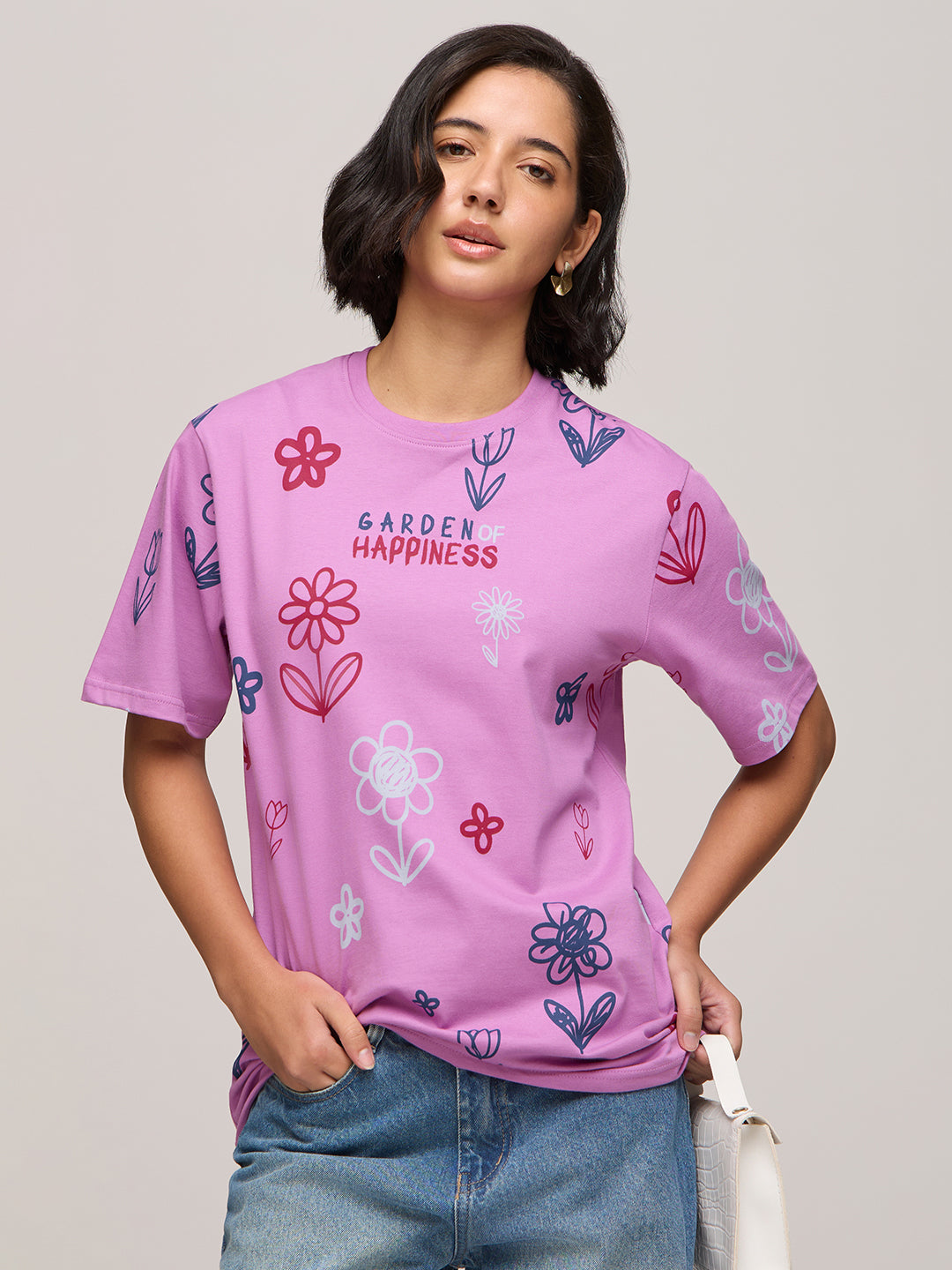 Womens Printed Oversized Fit Cotton T-Shirt