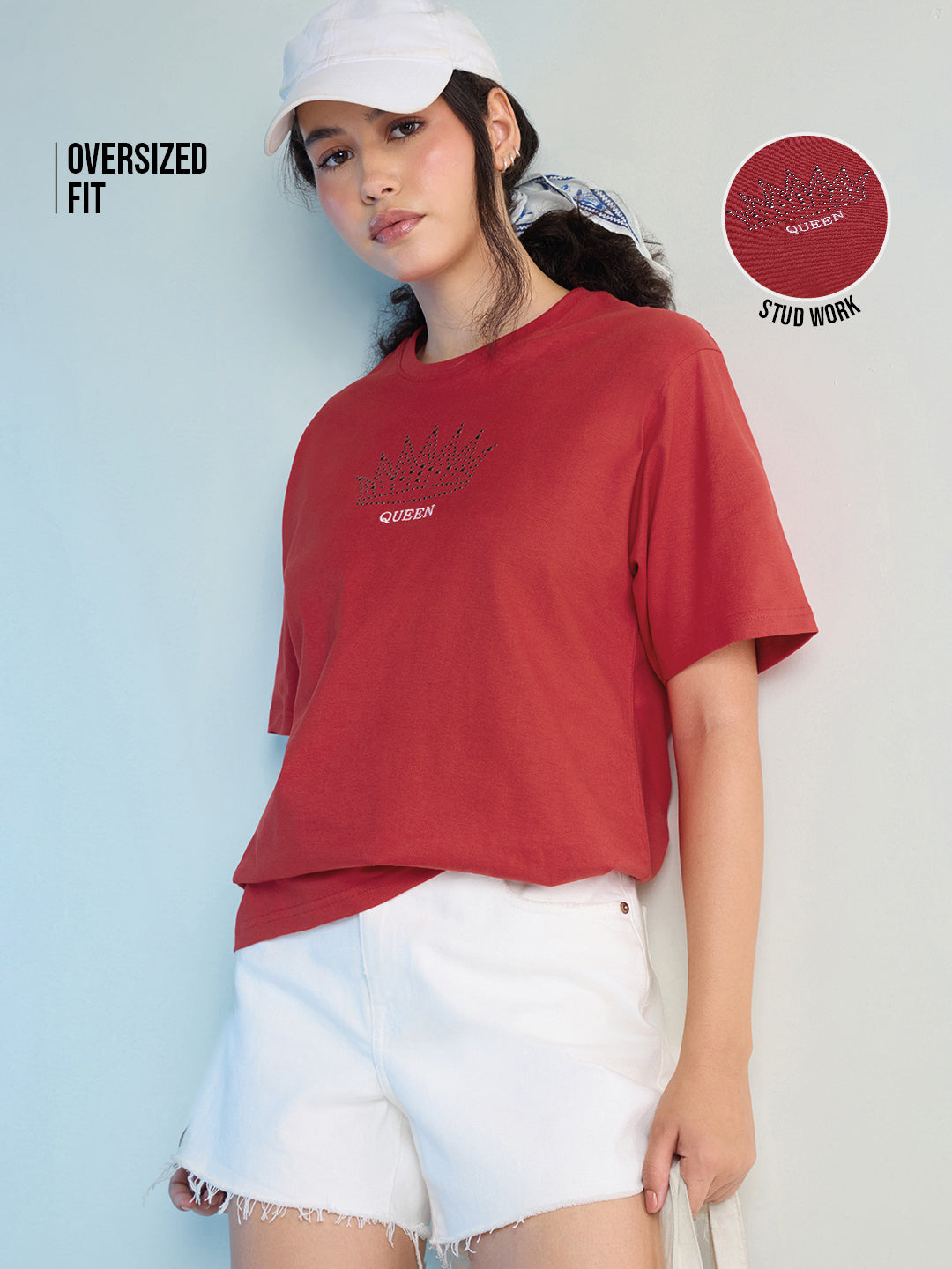 Womens Stud Detailed Oversized Round Neck Tshirt 