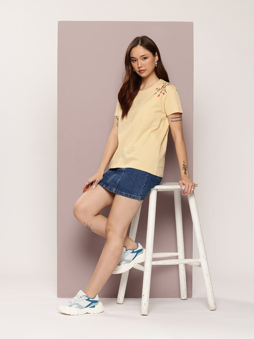Womens Half Sleeve Round Neck Embroidered Boxy Fit Tshirts