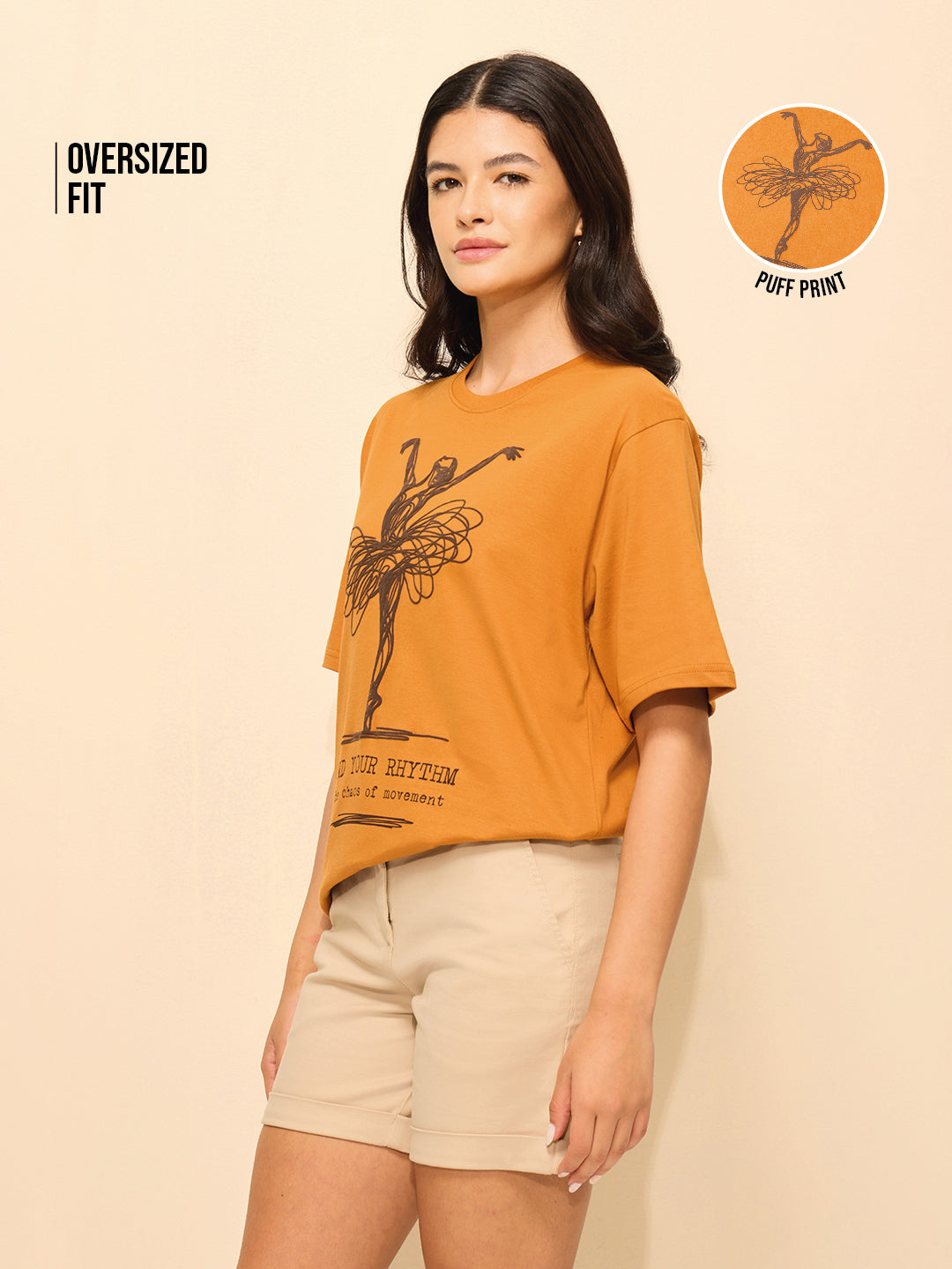 Womens Puff Printed Oversized Fit Cotton T-Shirt