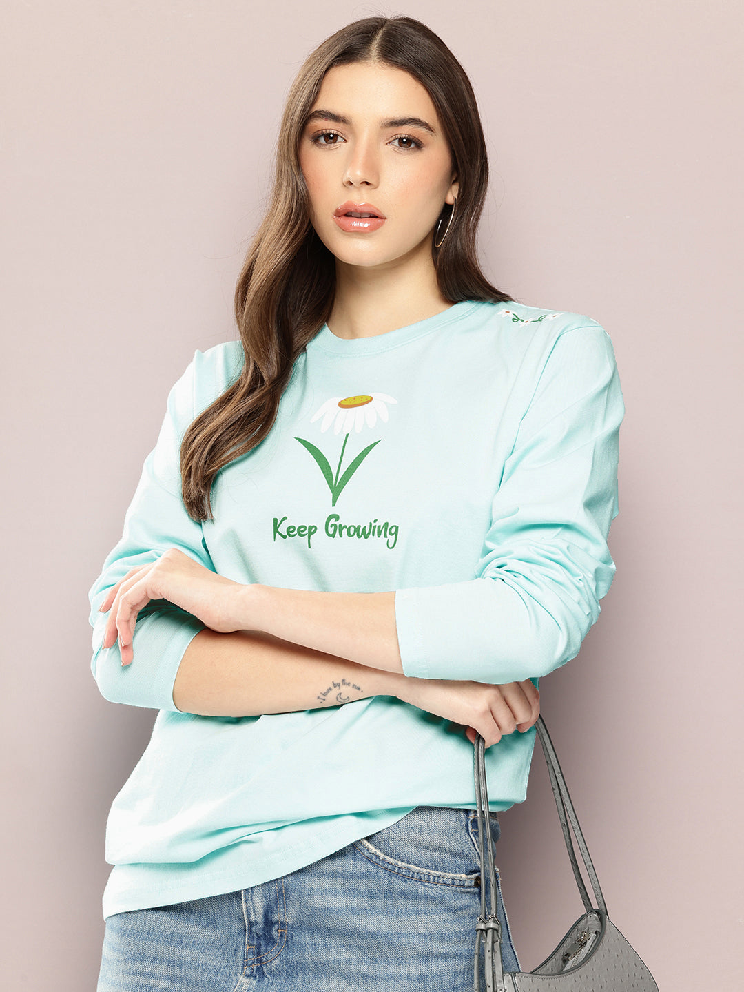 Womens Full Sleeve Round Neck Printed Oversized Fit Tshirts