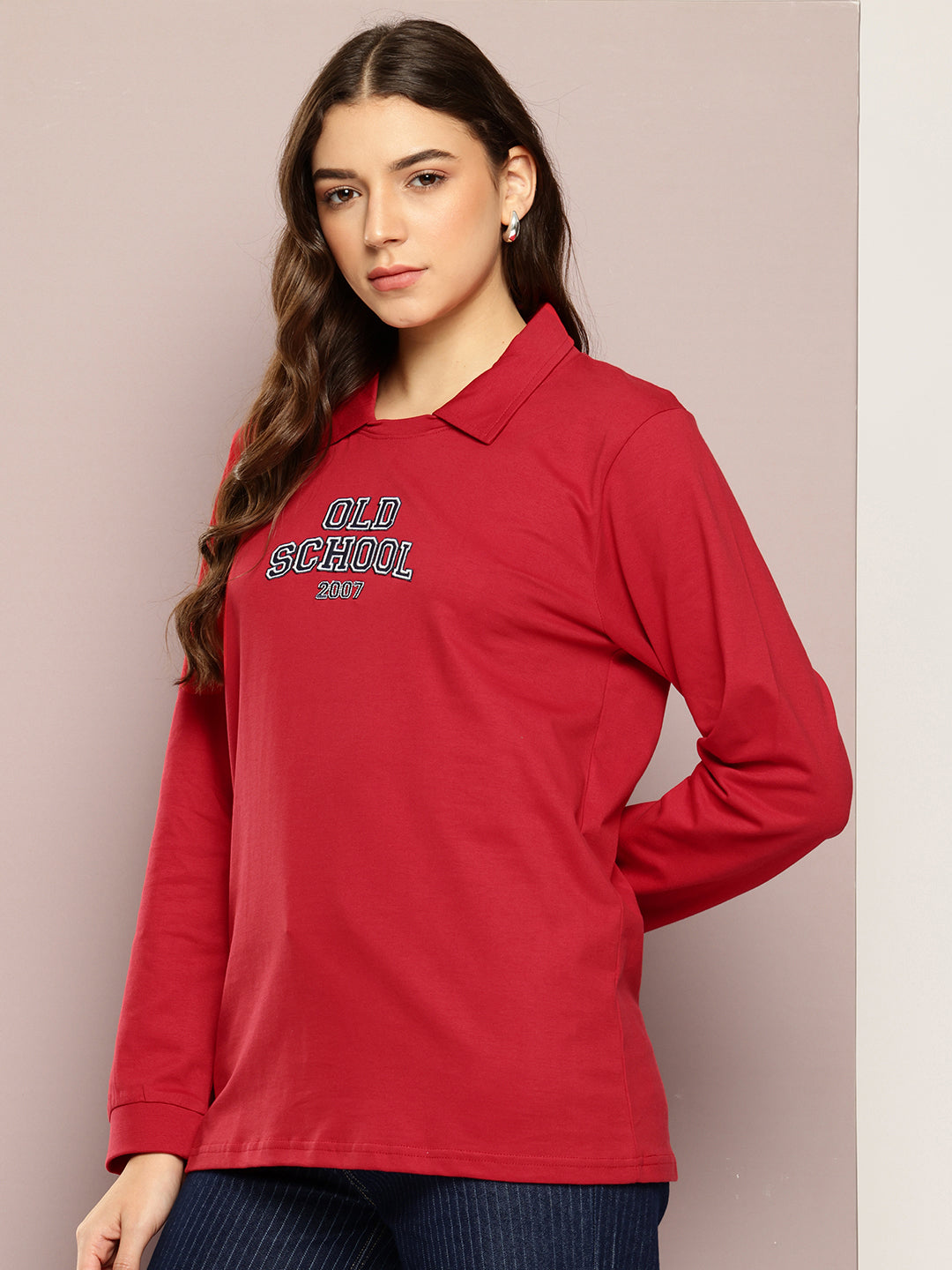 Womens Full Sleeve Polo Neck Printed Oversized Fit Tshirts