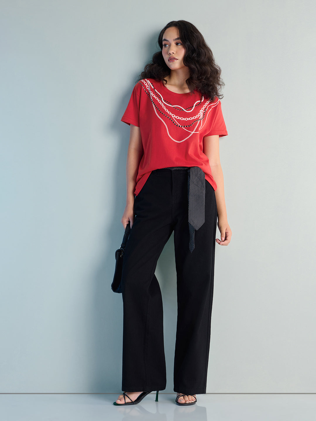 Womens Stud Detailed Boxy Regular Round Neck Tshirt 