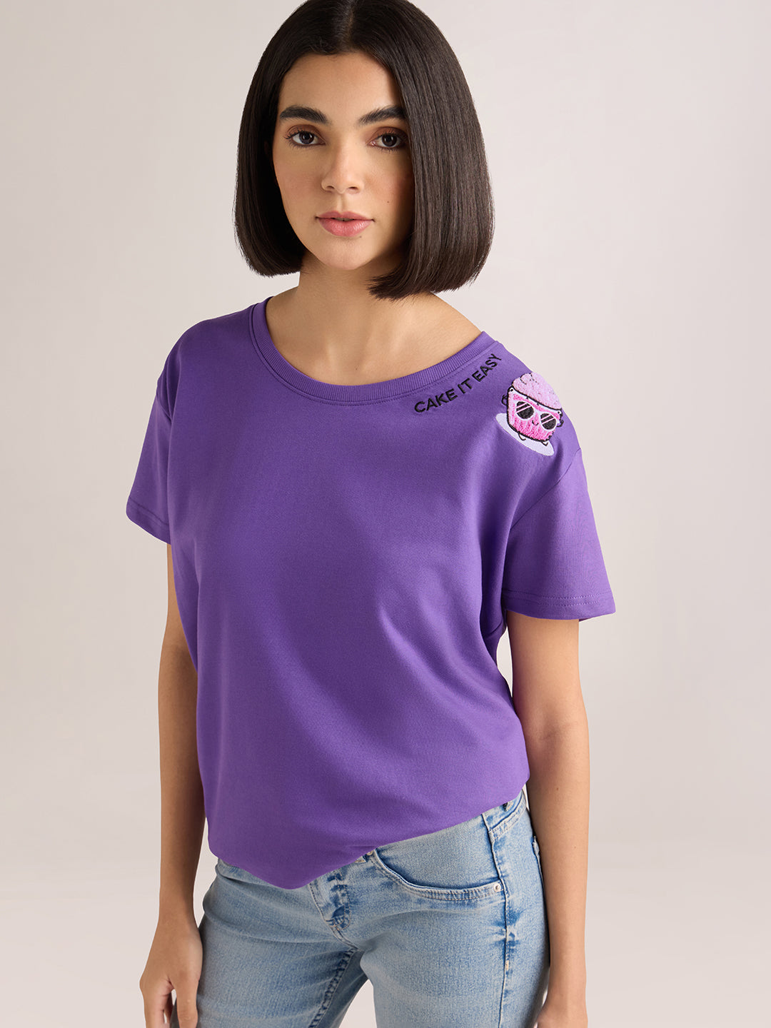 Womens Embroidery Boxy Regular Fit French Terry Cotton Tshirt