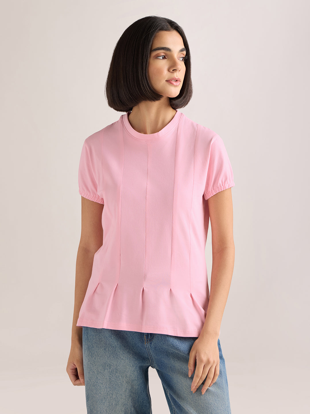 Womens Solid Regular Fit Lycra Jersey Round Neck Tshirt