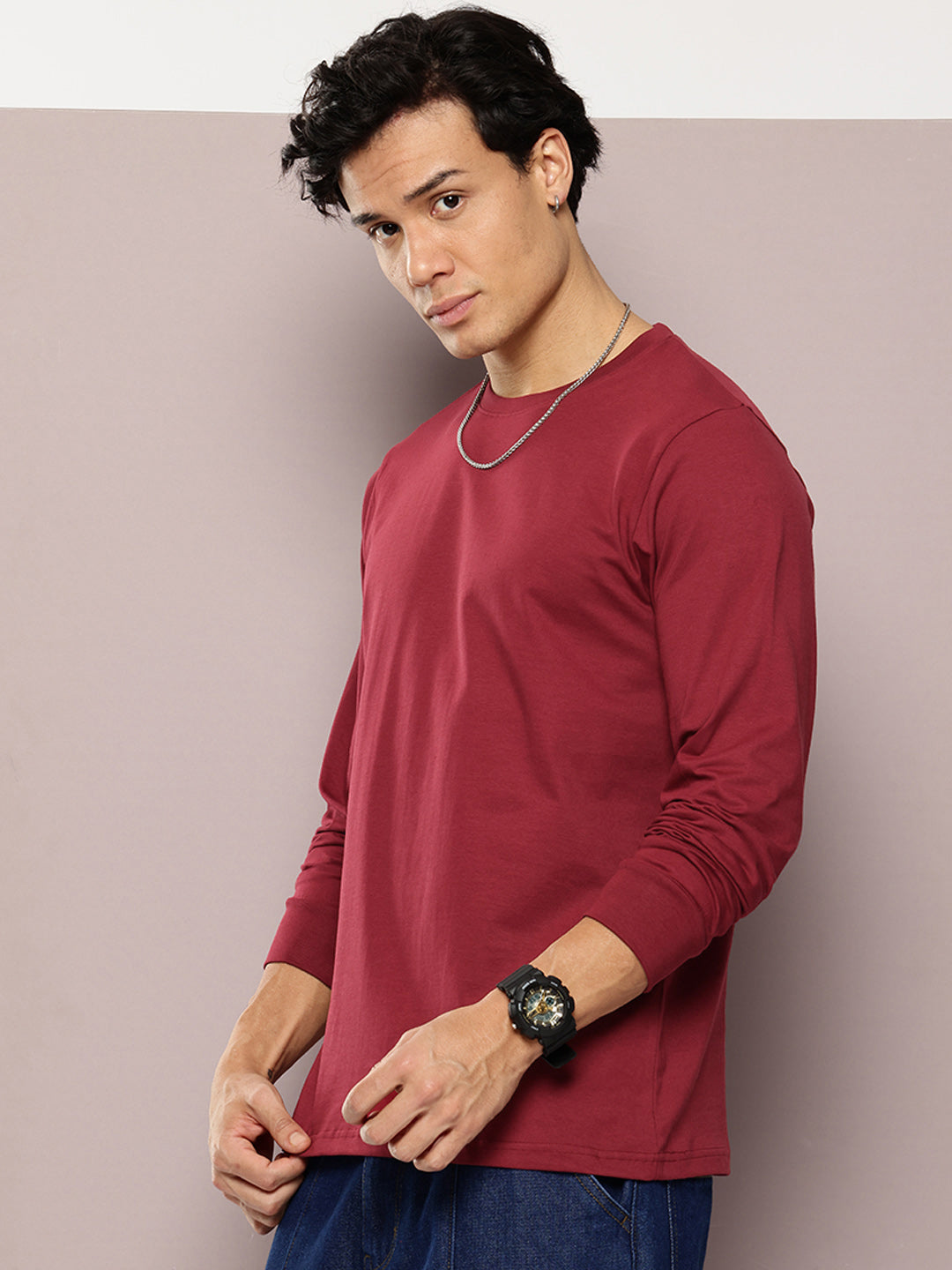 Mens Full Sleeve Round Neck Solid Regular Fit Tshirts