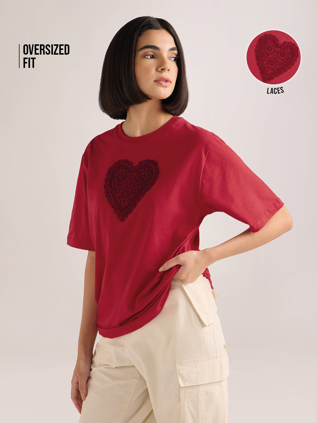Womens Laces Detailed Oversized Round Neck Cotton Tshirt