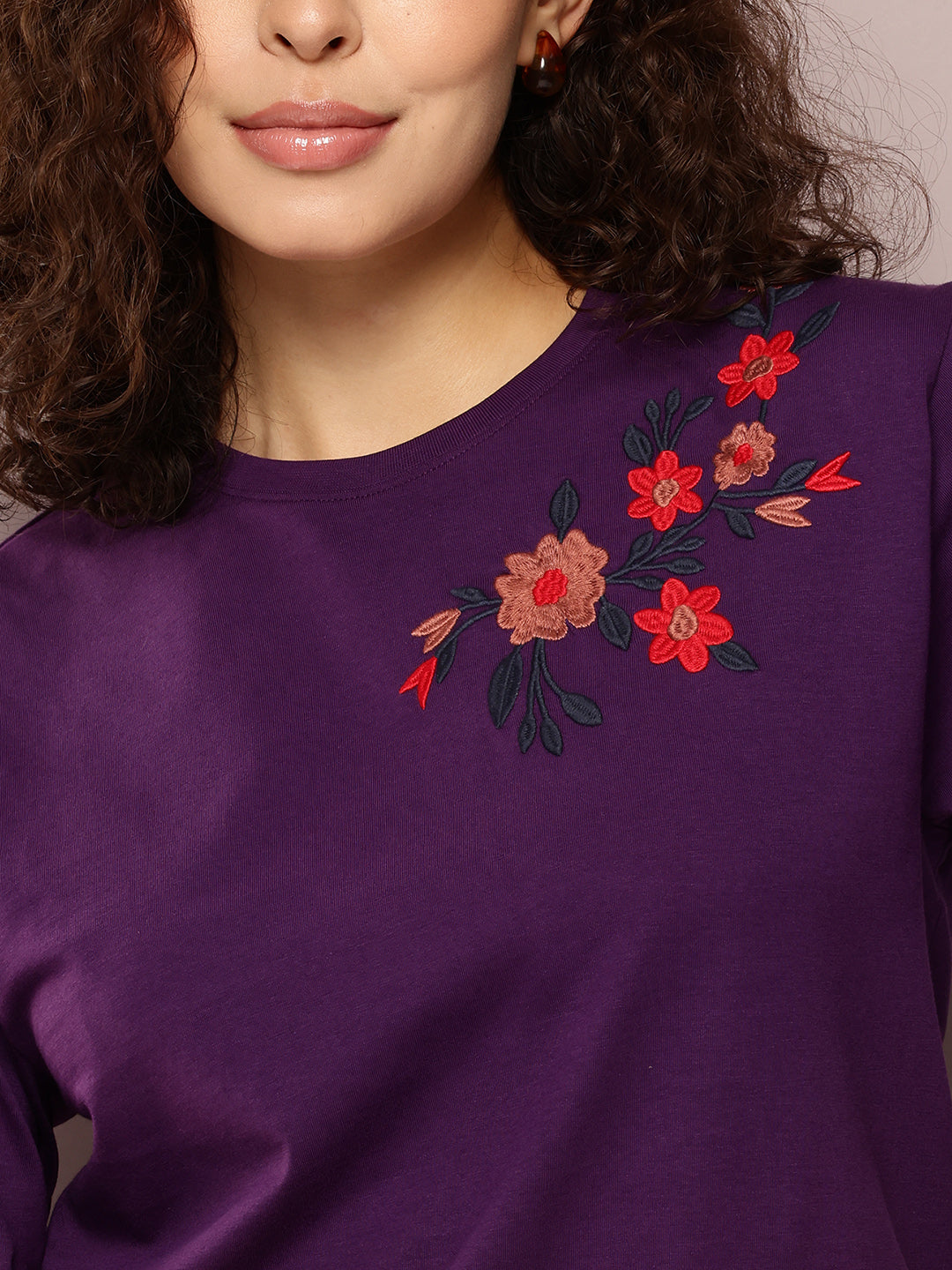 Womens Full Sleeve Round Neck Embroidered Oversized Fit Tshirts