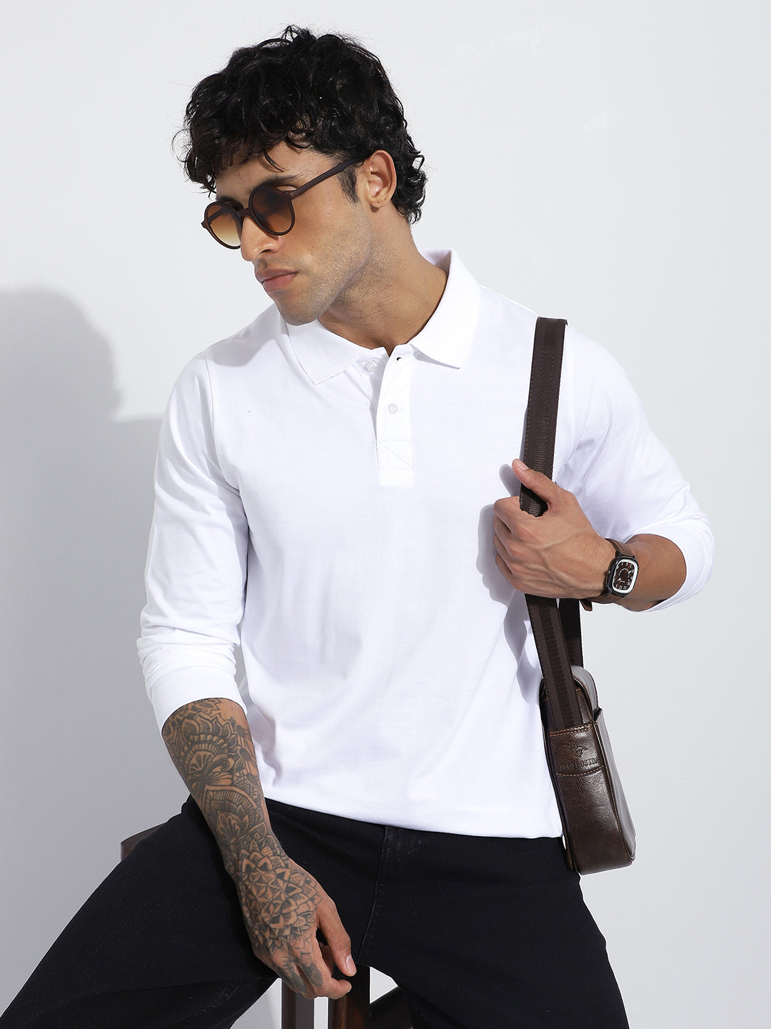 Mens Full Sleeve Polo Neck Solid Regular Fit Tshirts