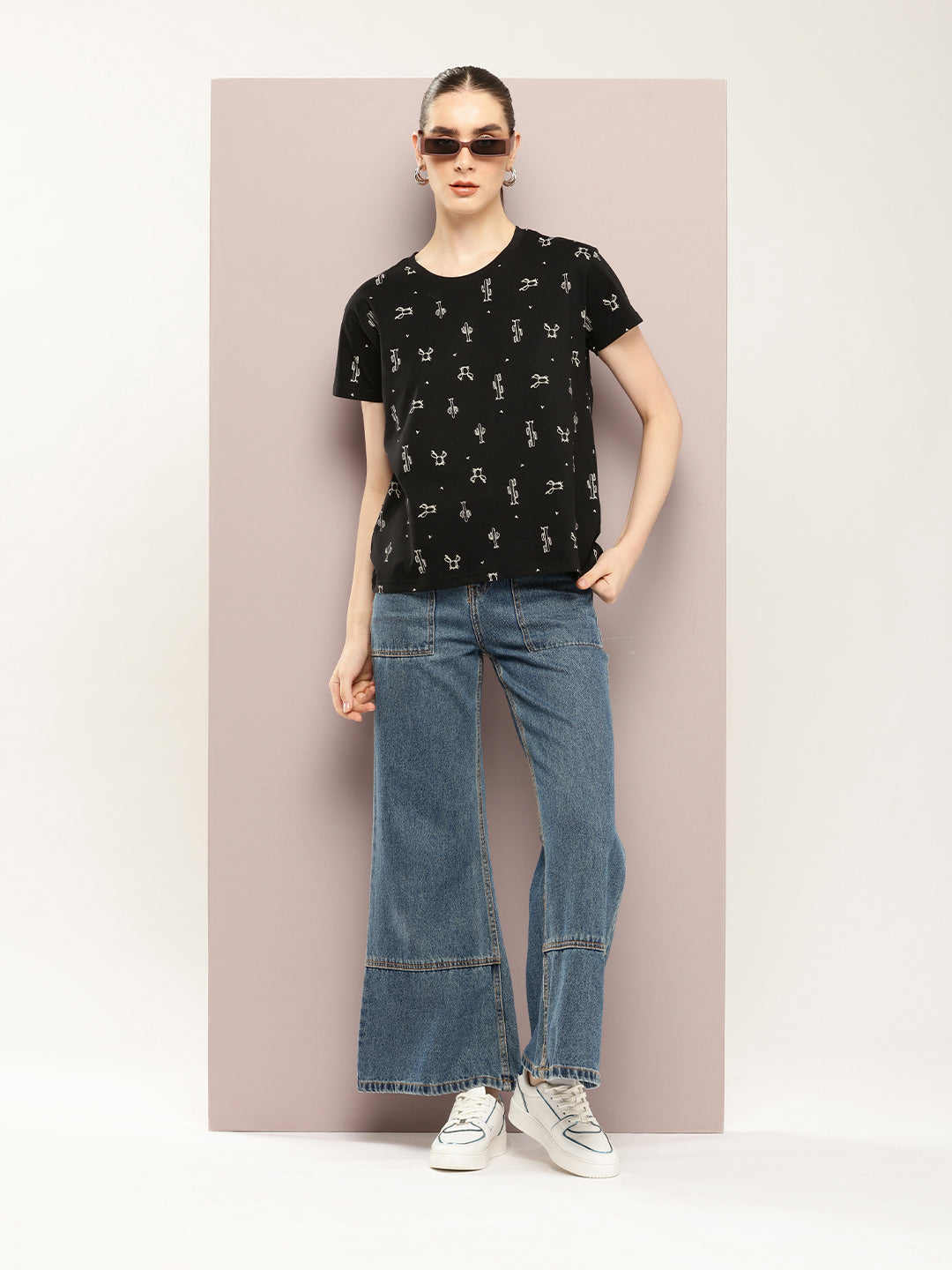Womens Half Sleeve Round Neck All-Over Printed Boxy Fit Tshirts