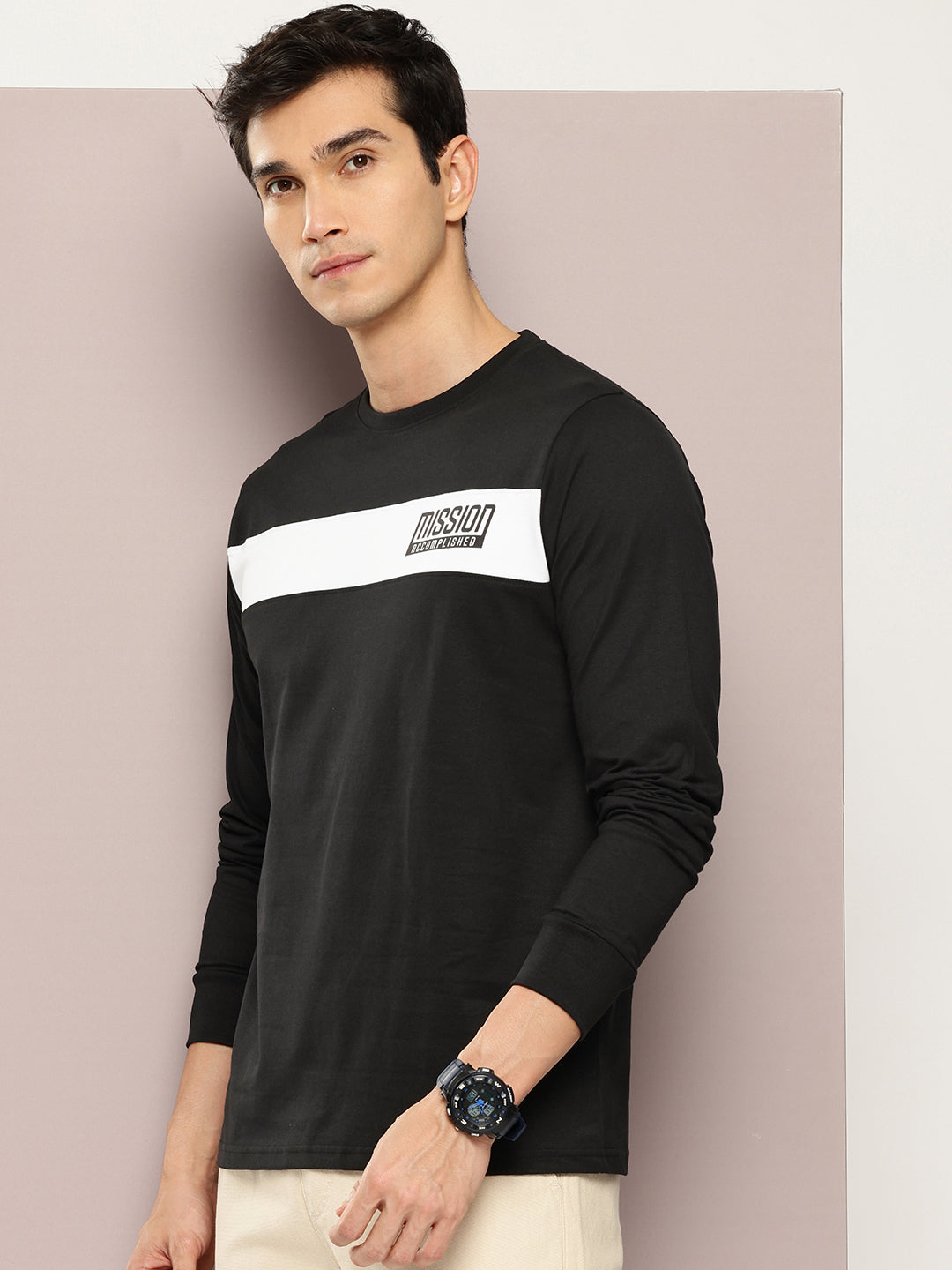 Mens Full Sleeve Round Neck Colourblocked Regular Fit Tshirts