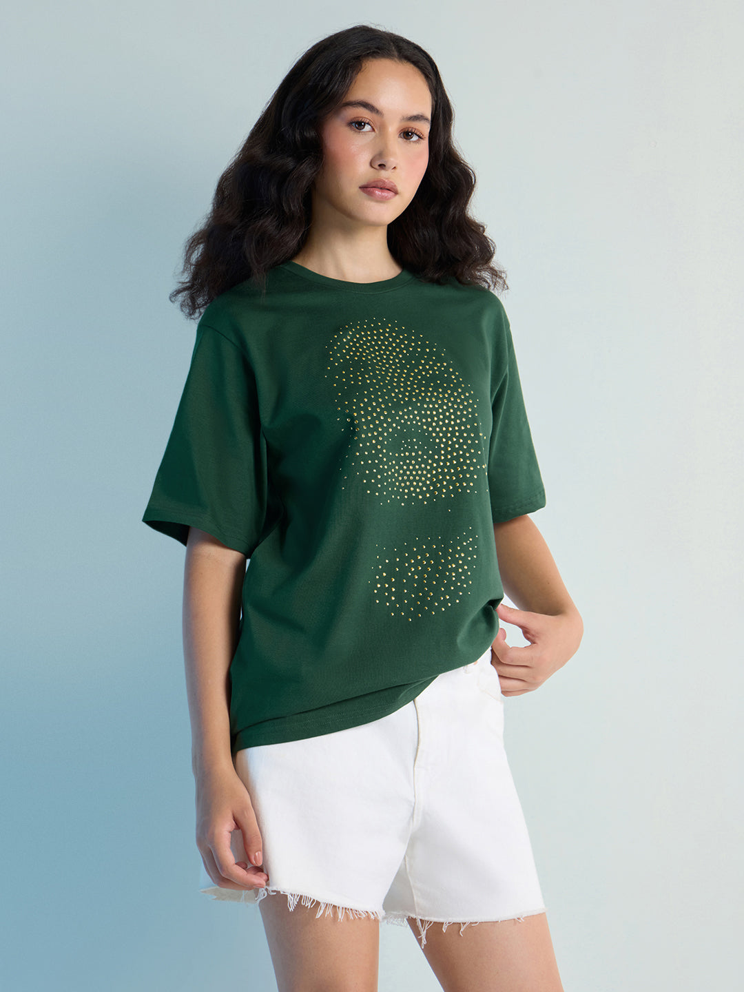 Womens Stud Detailed Oversized Round Neck Tshirt 