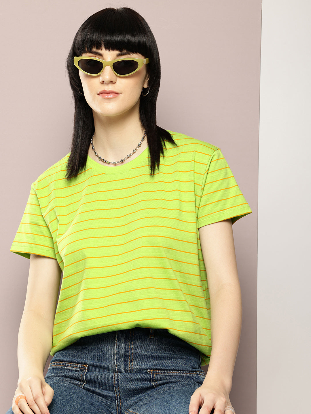 Womens Half Sleeve Round Neck Striped Boxy Fit Tshirts