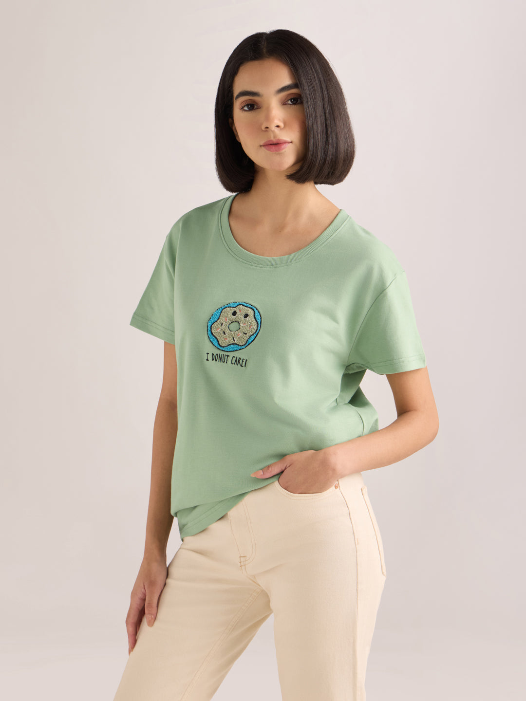 Womens Embroidery Boxy Regular Fit French Terry Cotton Tshirt