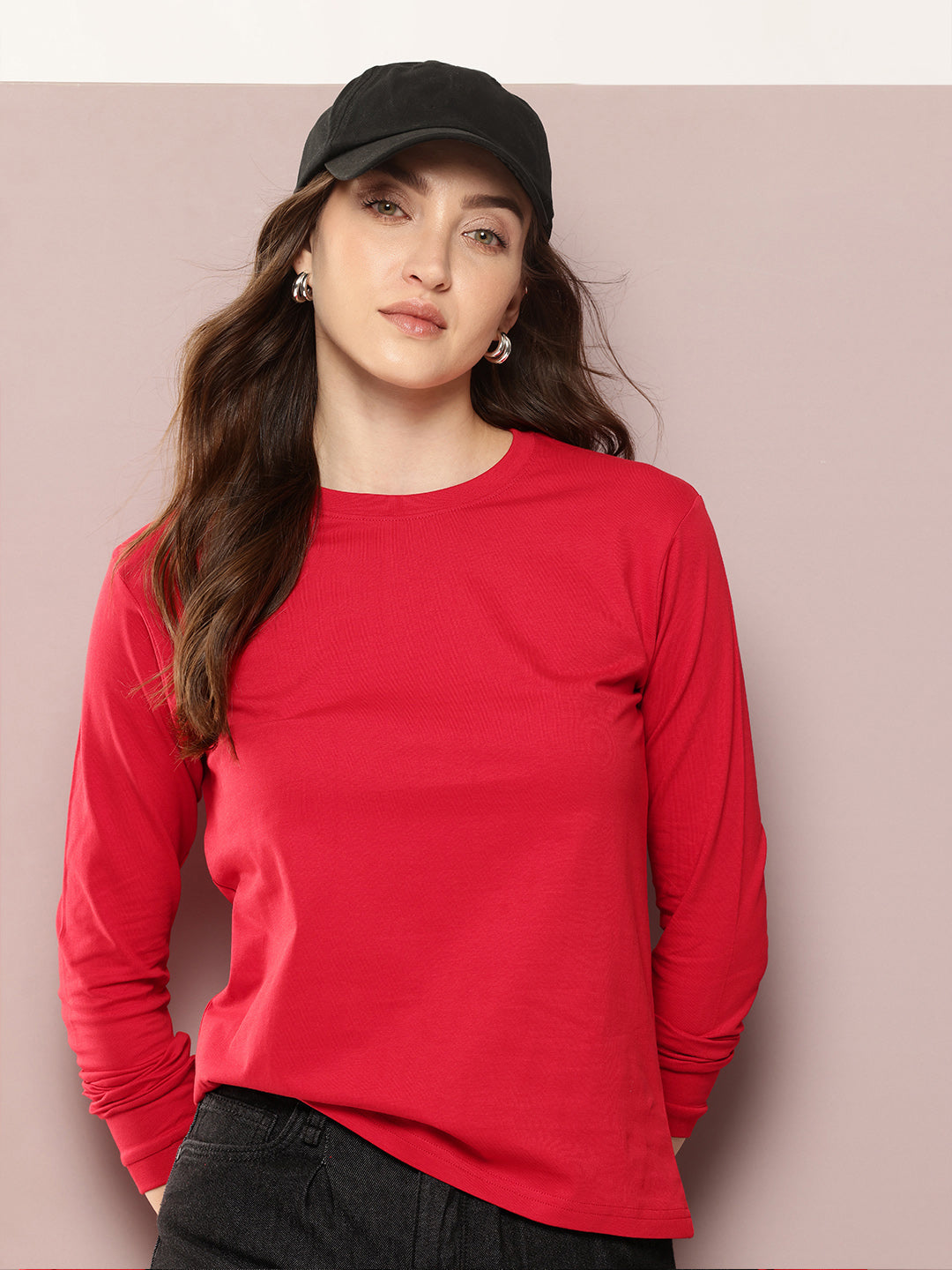 Womens Full Sleeve Round Neck Solid Regular Fit Tshirts