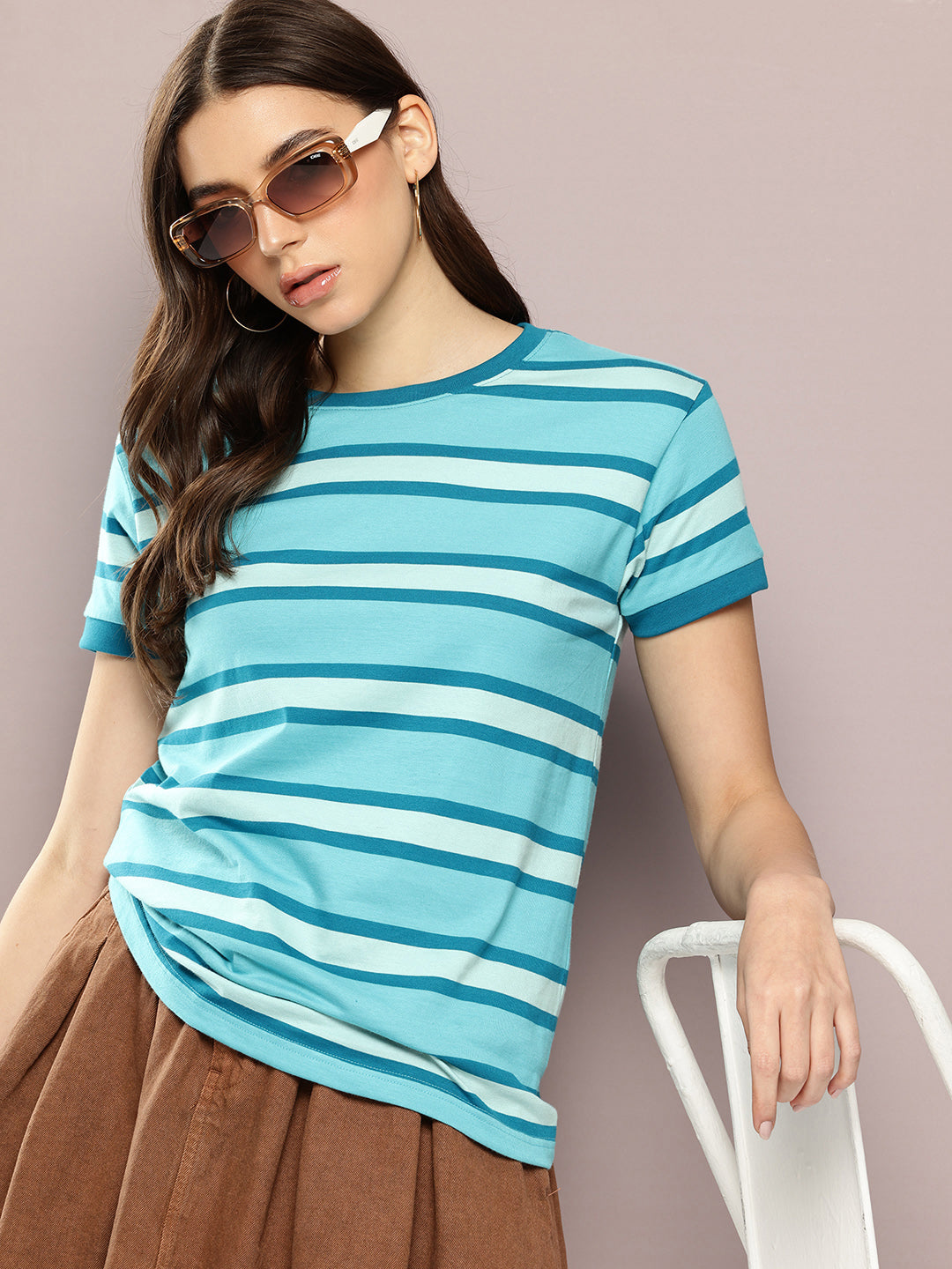 Womens Half Sleeve Round Neck All-Over Striped Regular Fit Tshirts