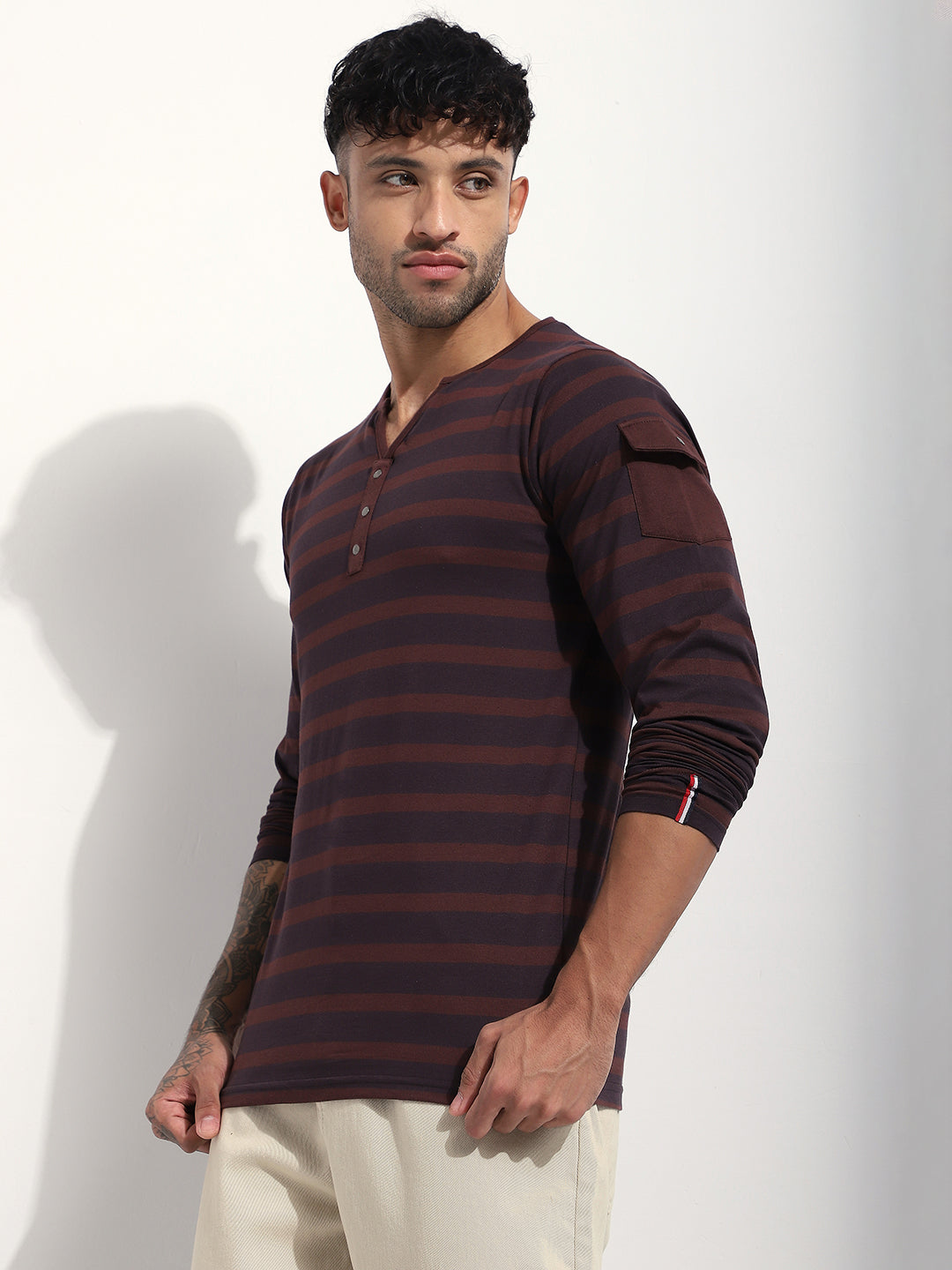 Mens Full Sleeve Henley Neck Striped Regular Fit Tshirts