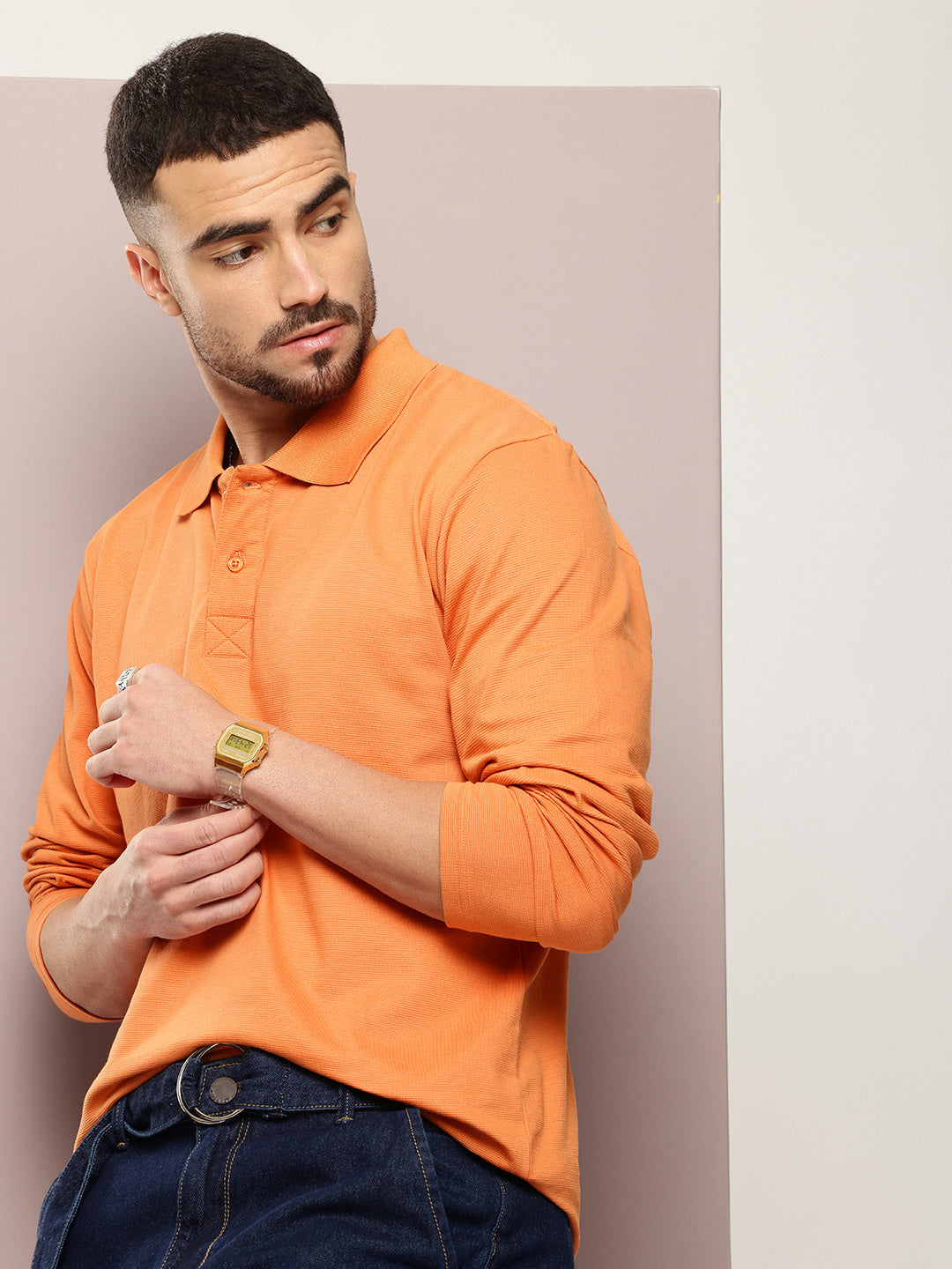 Mens Full Sleeve Polo Neck Solid Oversized Fit Tshirts