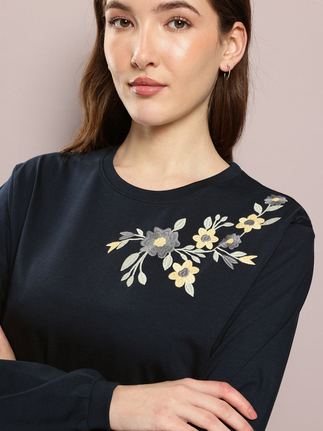 Womens Full Sleeve Round Neck Embroidered Oversized Fit Tshirts