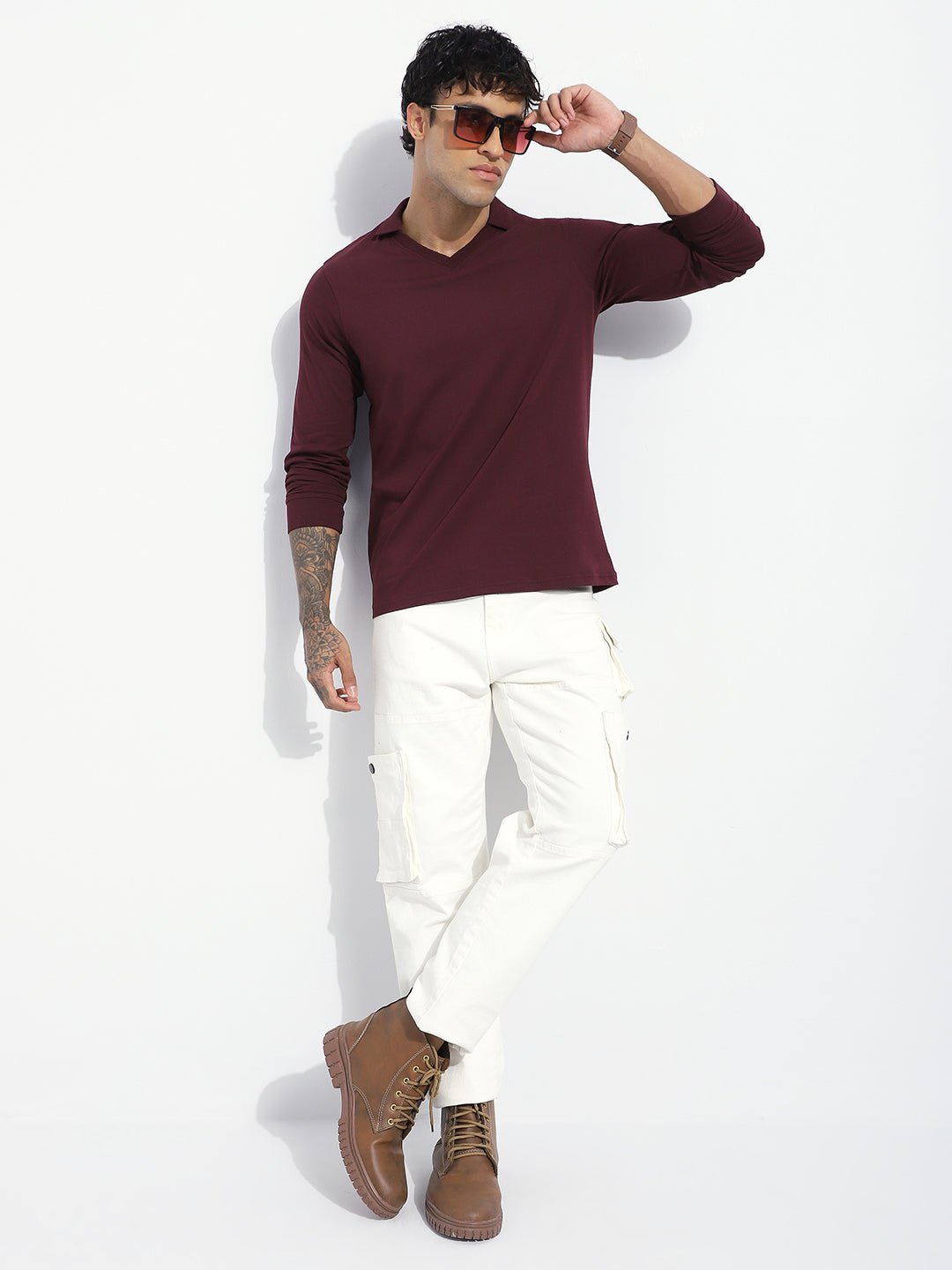 Mens Full Sleeve V-Neck Solid Regular Fit Tshirts