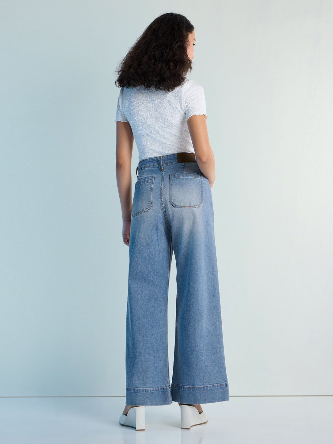 Womens Wide Leg Patch Pocket Denim Jeans Pant