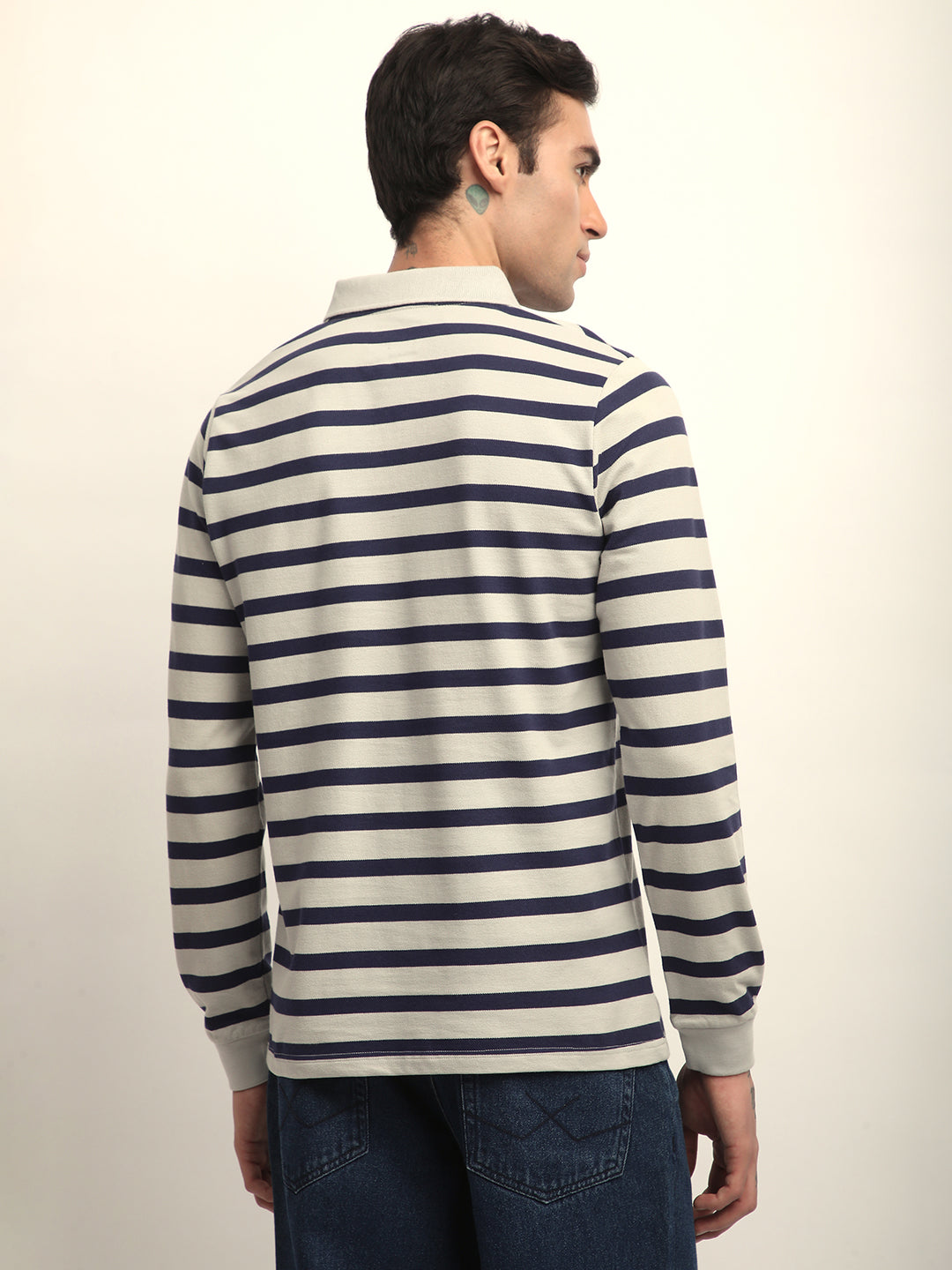 Mens Full Sleeve Polo Neck All-Over Striped Regular Fit Tshirts