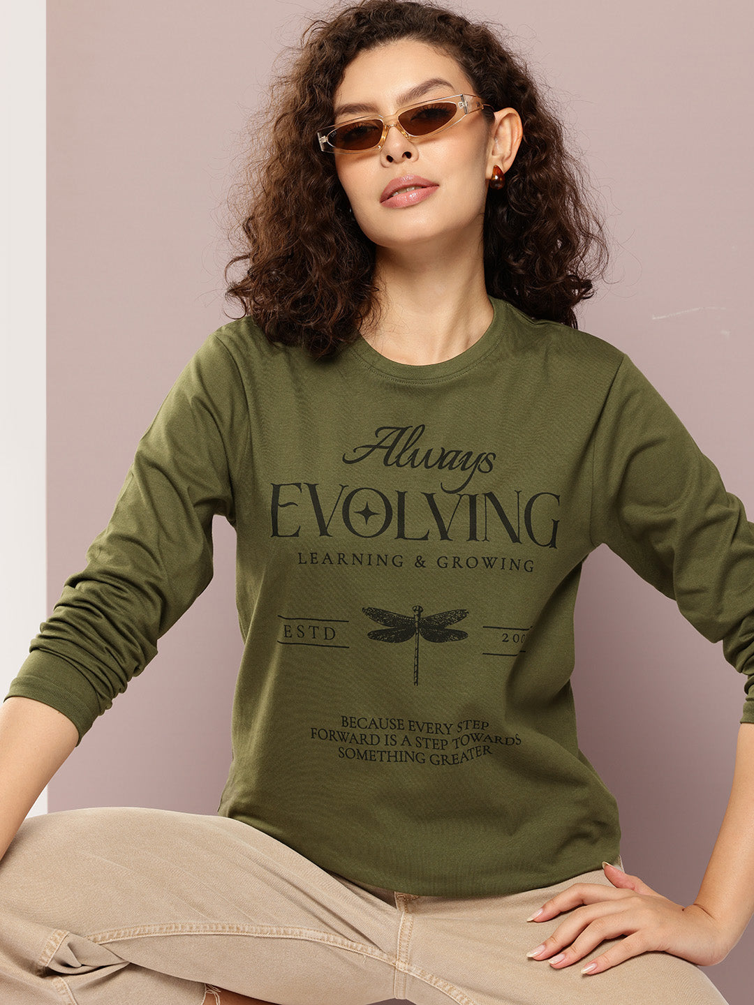 Womens Full Sleeve Round Neck Printed Oversized Fit Tshirts