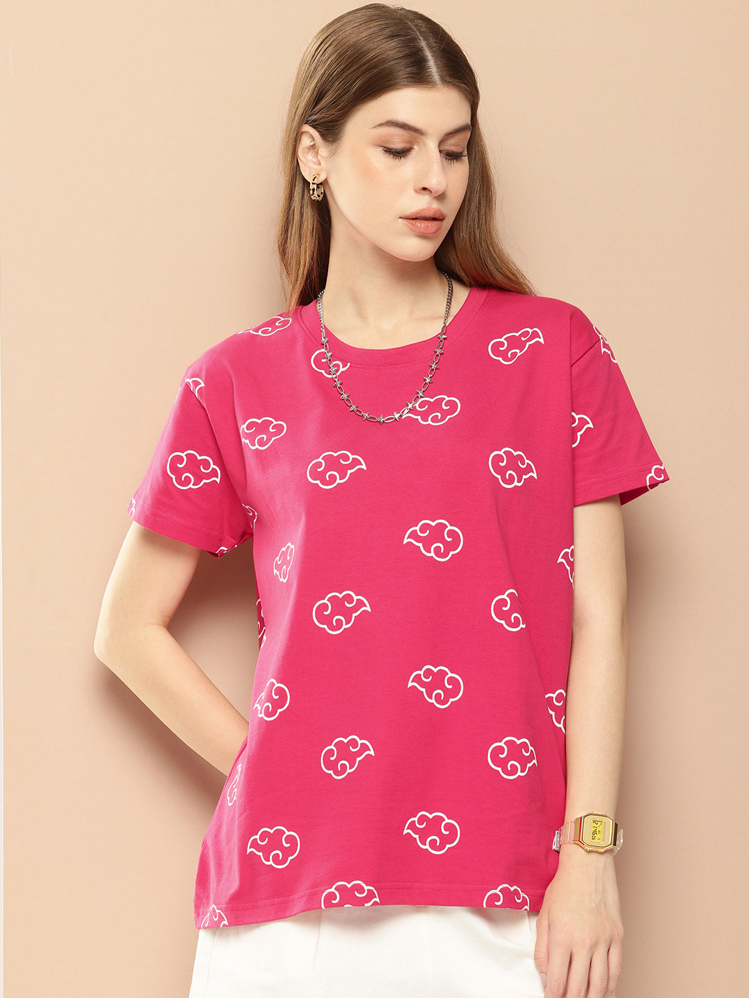 Womens Half Sleeve Round Neck All-Over Printed Boxy Fit Tshirts
