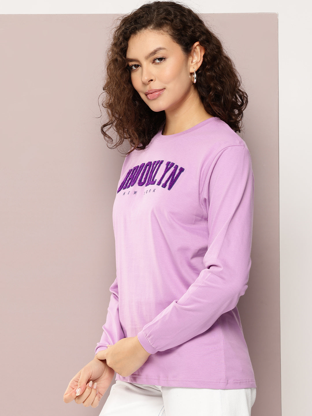 Womens Full Sleeve Round Neck Embroidered Oversized Fit Tshirts