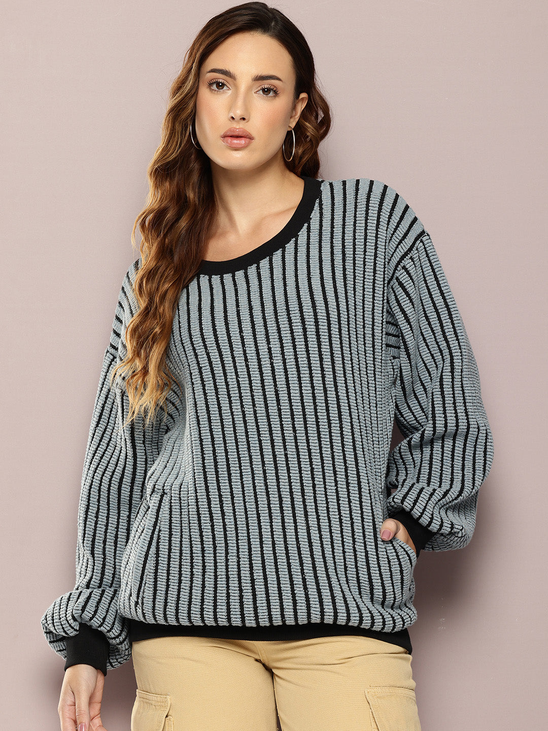 Women Long Sleeve Oversized Striped Sweatshirt
