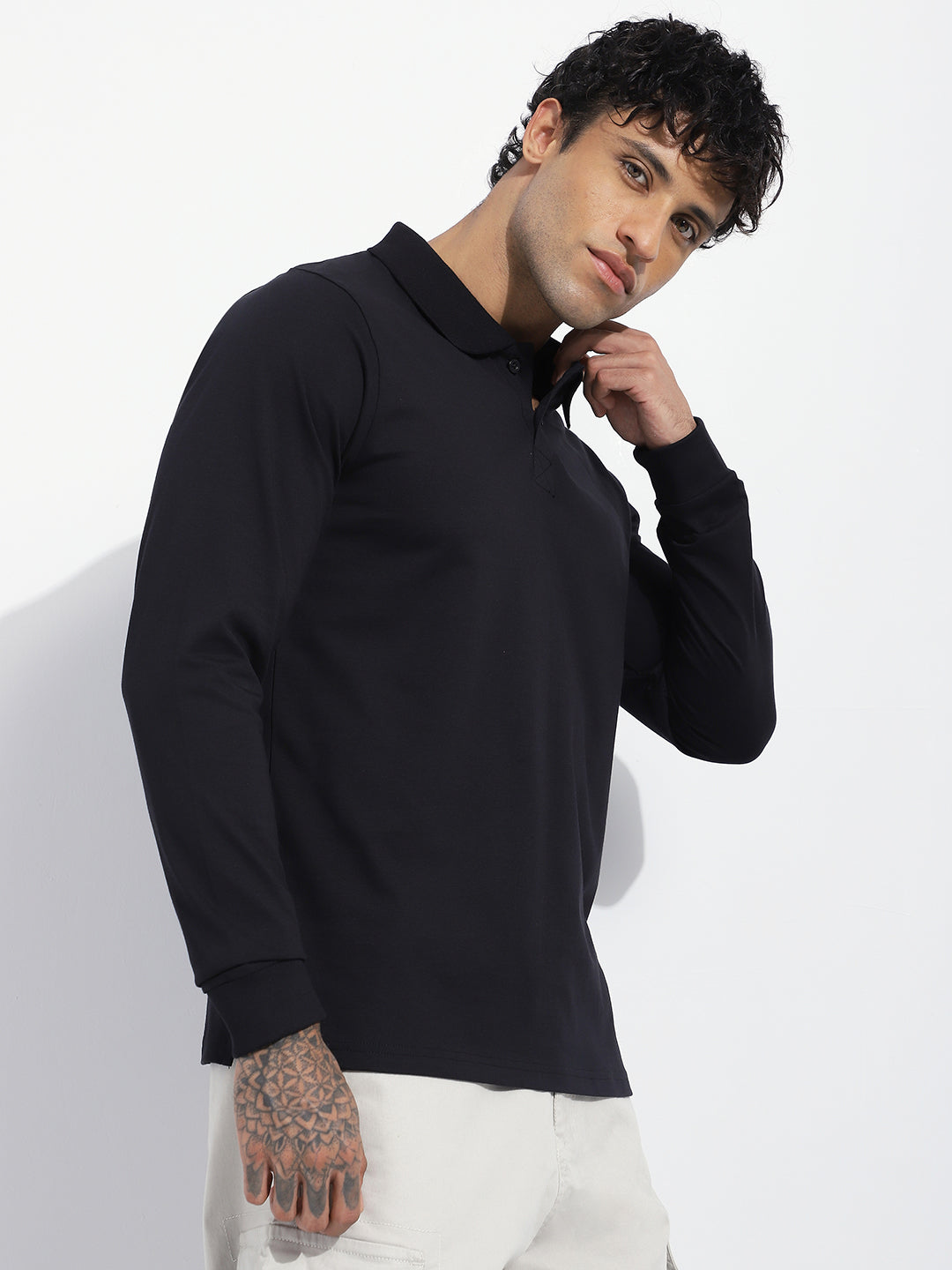 Mens Full Sleeve Polo Neck Solid Regular Fit Tshirts