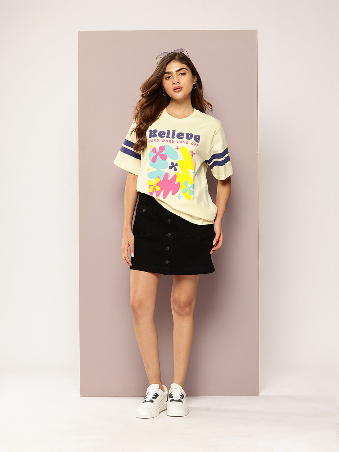 Womens Short Sleeve Puff Printed Oversized Fit Tshirt